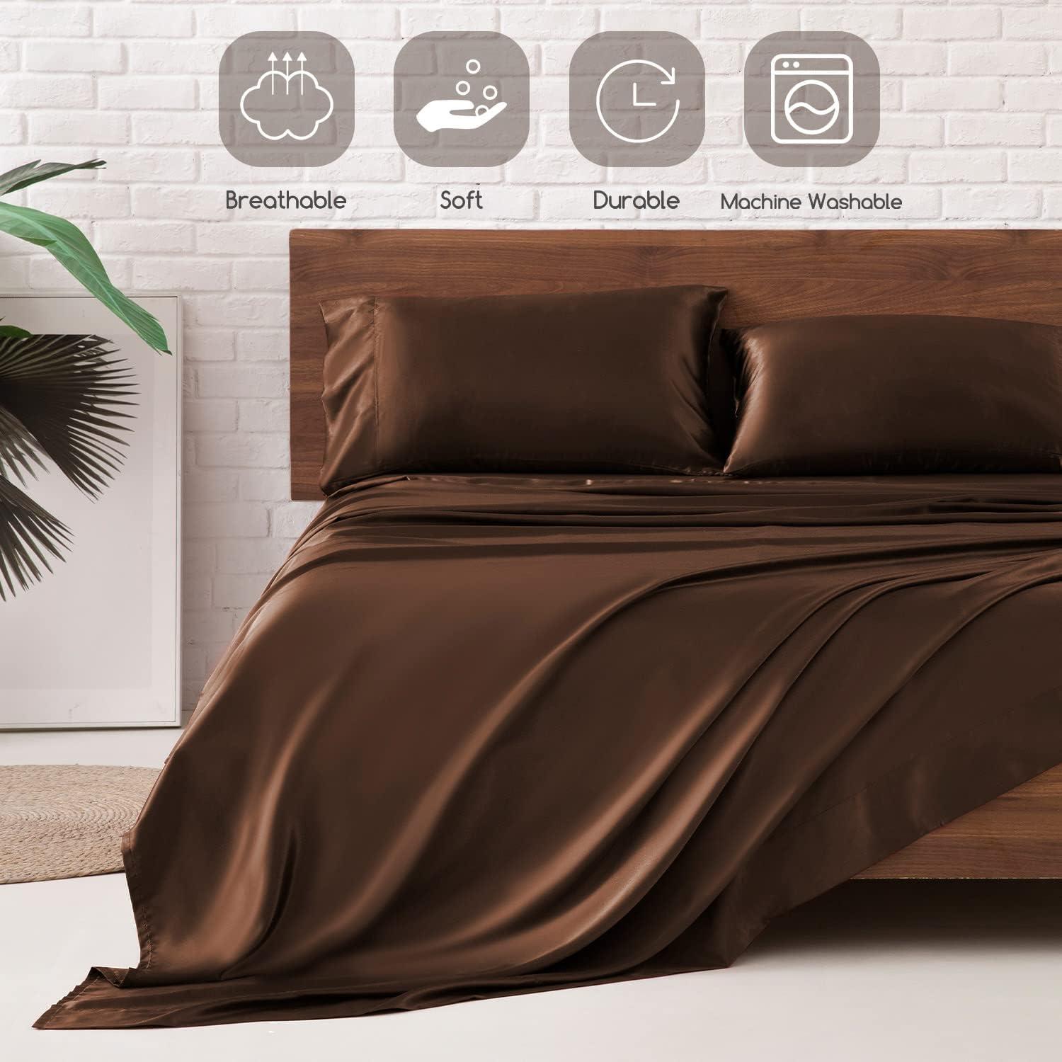 MR&HM Satin Sheet Set Queen 4 Pcs, Silky Elegant Luxurious Queen Size Bed Sheets, with Flat Sheet, Deep Pocket Fitted Sheet for Mattress and Matching Satin Pillow Cases (Queen Size, Brown)