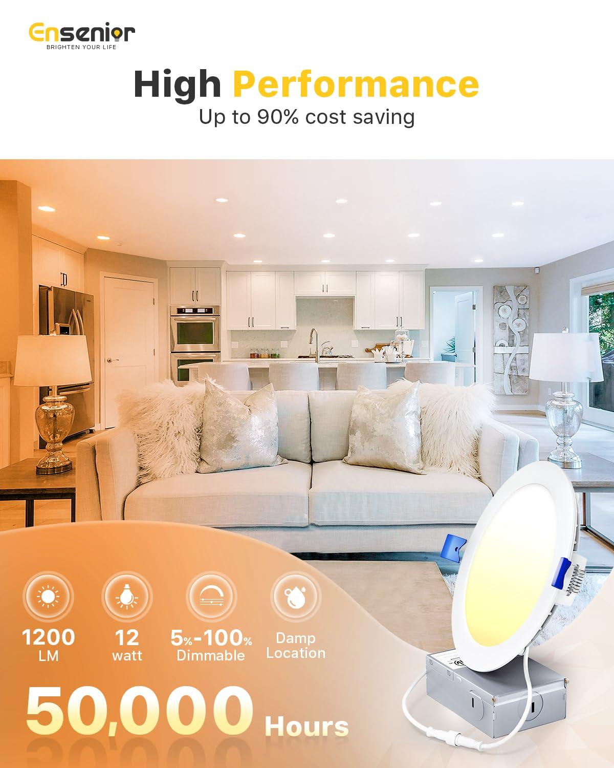 Meconard 4 Pack 6 Inch Ultra-Thin LED Recessed Ceiling Light, 3000K/4000K/5000K Selectable, Dimmable 12W=110W, 1050LM, IC Rated Can-Killer Downlights with Junction Box, ETL and Energy Star Listed