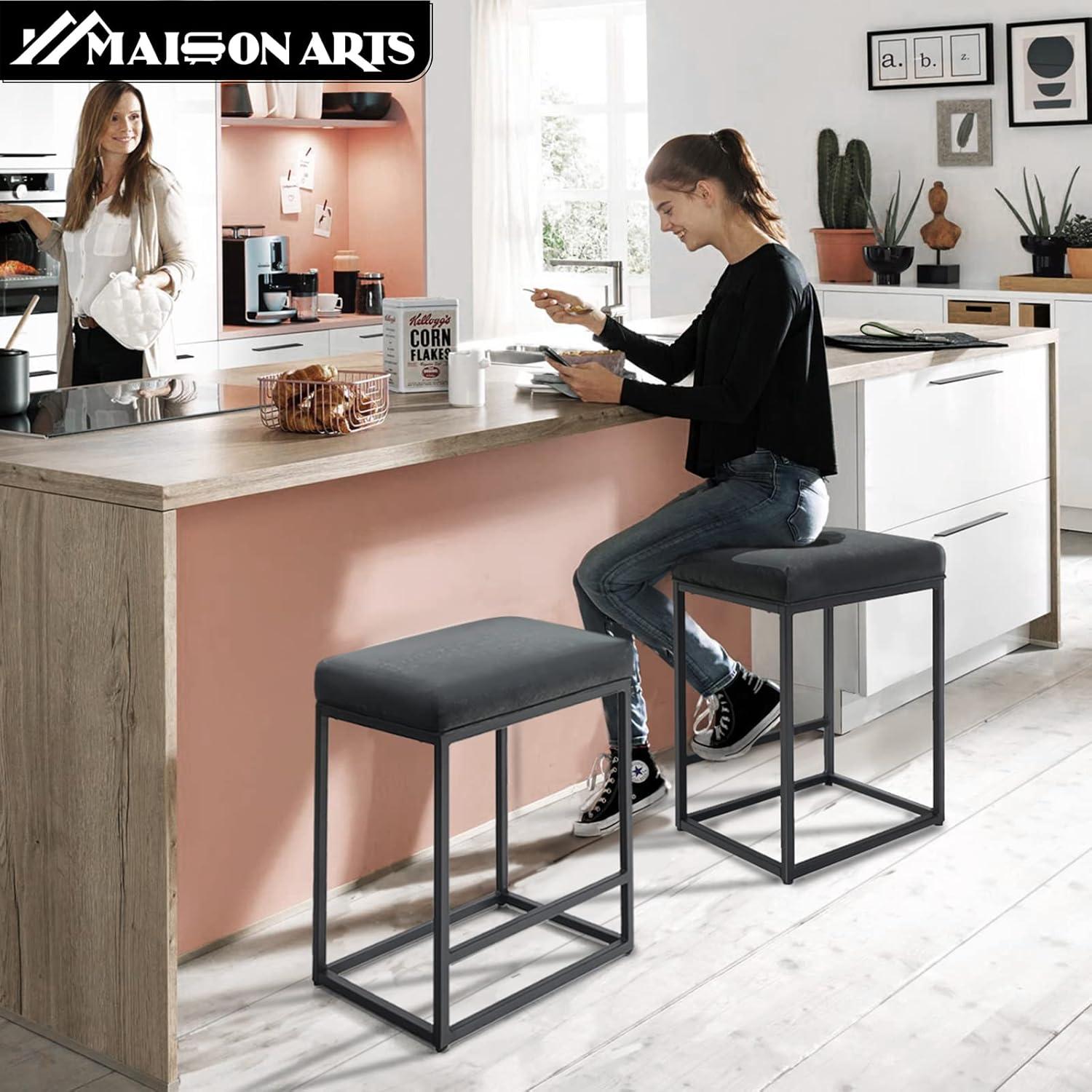 Lorelia Set of 2 Black 24 Inch Backless Counter Bar Stools Faux Leather Seat for Kitchen