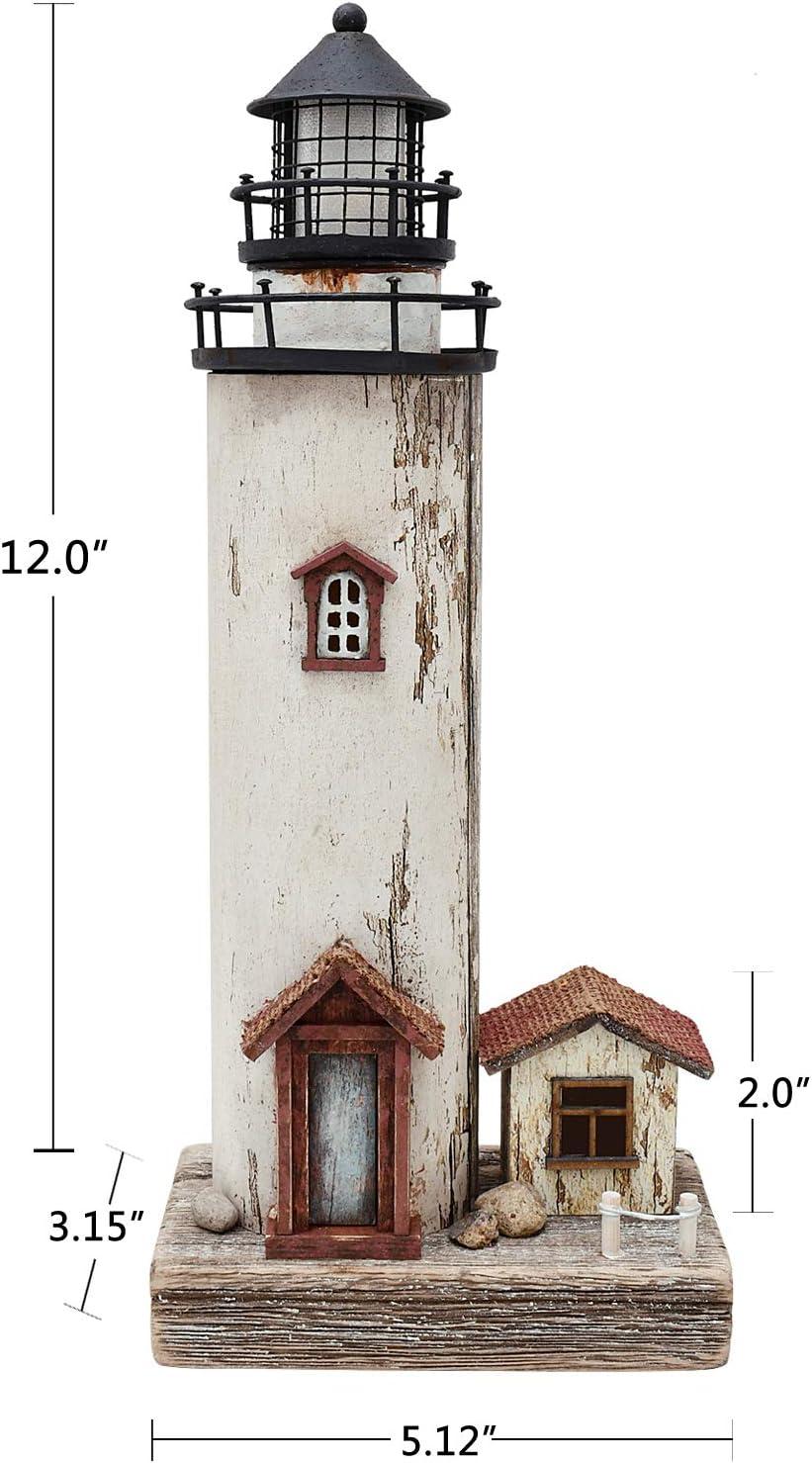 Rustic White and Brown Wooden Lighthouse Decor with LED Light