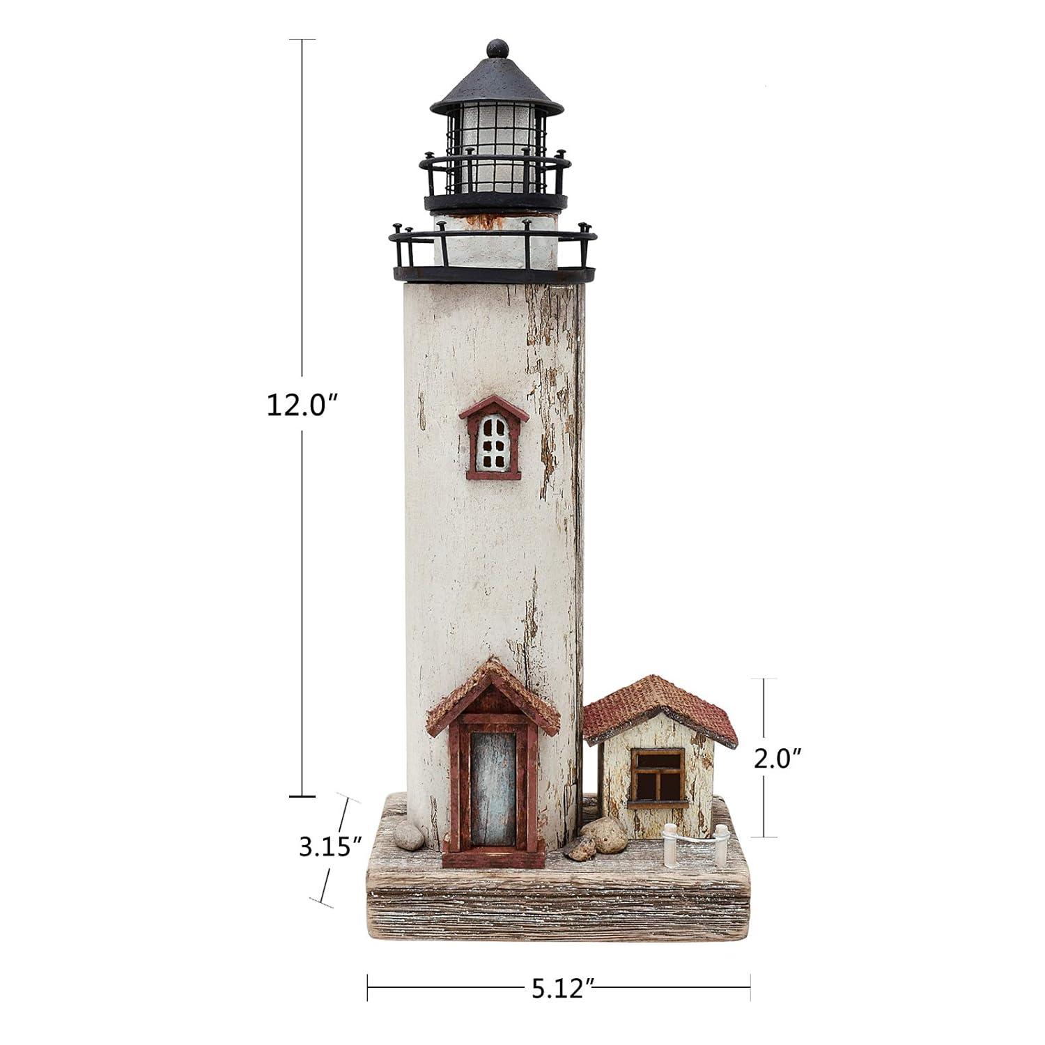 Rustic White and Brown Wooden Lighthouse Decor with LED Light