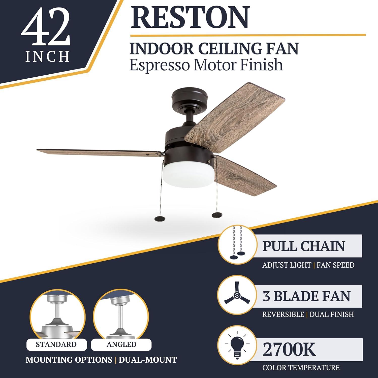 Prominence Home Reston 42" Bronze Modern Small Room Ceiling Fan with 3 Blades, LED Light Kit, Pull Chains & Reverse Airflow