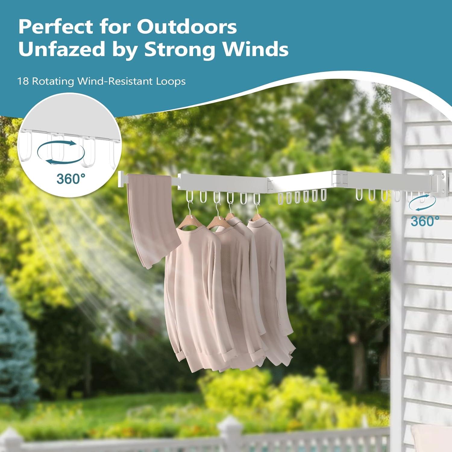 JAUREE Clothes Drying Rack Wall Mounted, Laundry Drying Rack Collapsible, Space Saving Wall Drying Rack Clothing Foldable, Tri-Fold Retractable Rack Outdoor Indoor with 18 Hooks, White