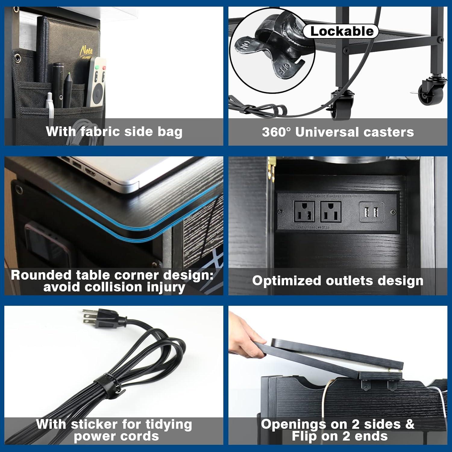 Slim Side Table With Wheels, USB Ports And Outlets, Rolling Narrow End Table With Charging Station And Bag, Flip Top Nightstand With Hidden Storage Shelves For Living Room Bedroom Small Spaces