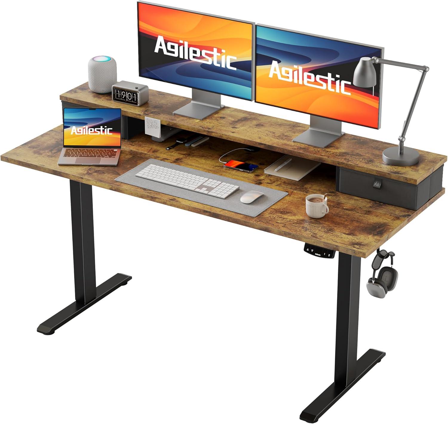 Rustic Brown Adjustable Height Standing Desk with Drawers and Shelf