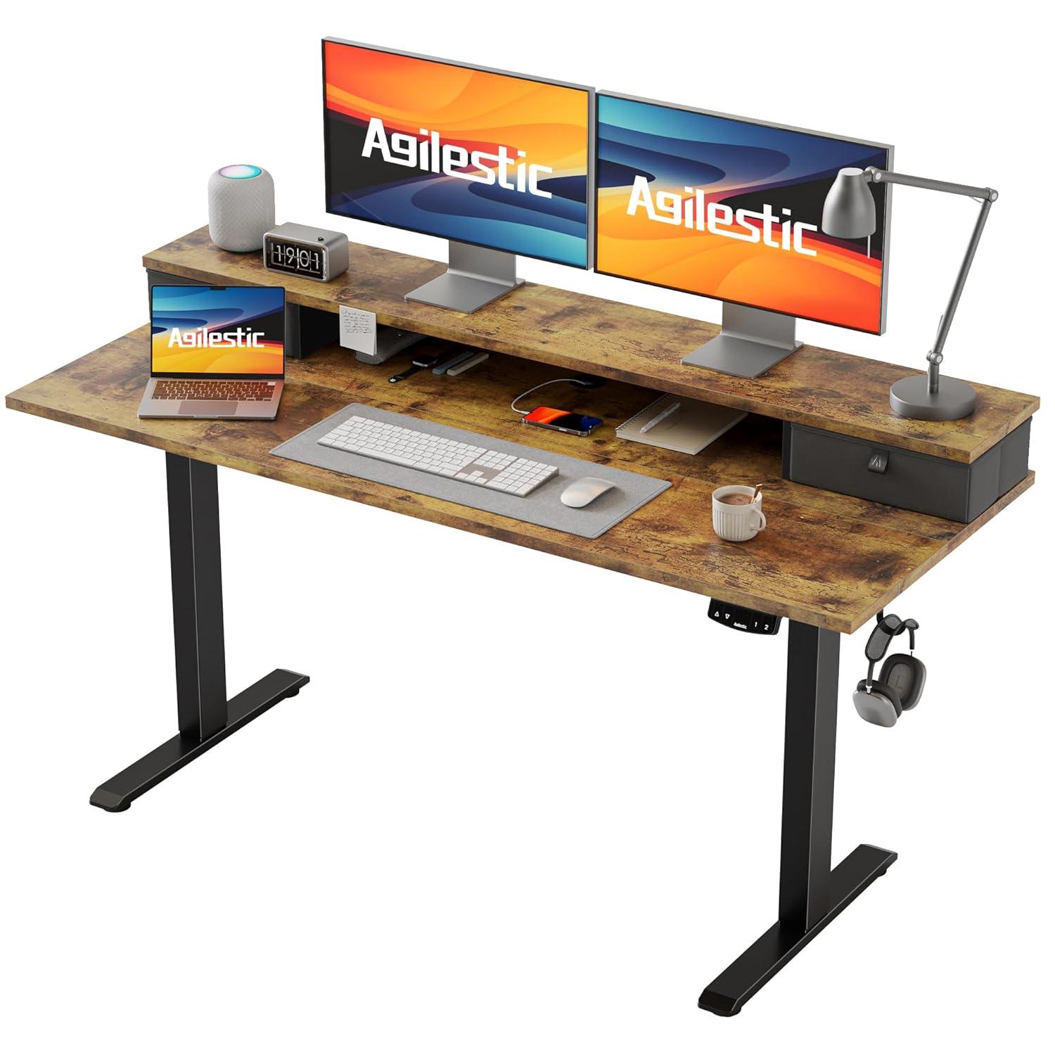 Agilestic Adjustable Height Electric Standing Desk with Storage Wooden Drawer, 55 x 24 Inches Stand Up Home Office Computer Gaming Table for Work Office Home, Rustic Brown