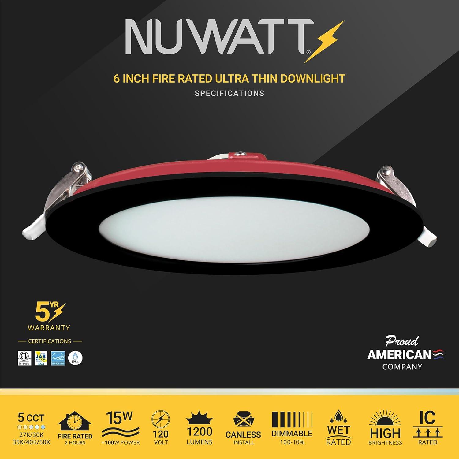 6" Black Ultra-Thin Fire Rated LED Recessed Downlight, 6-Pack