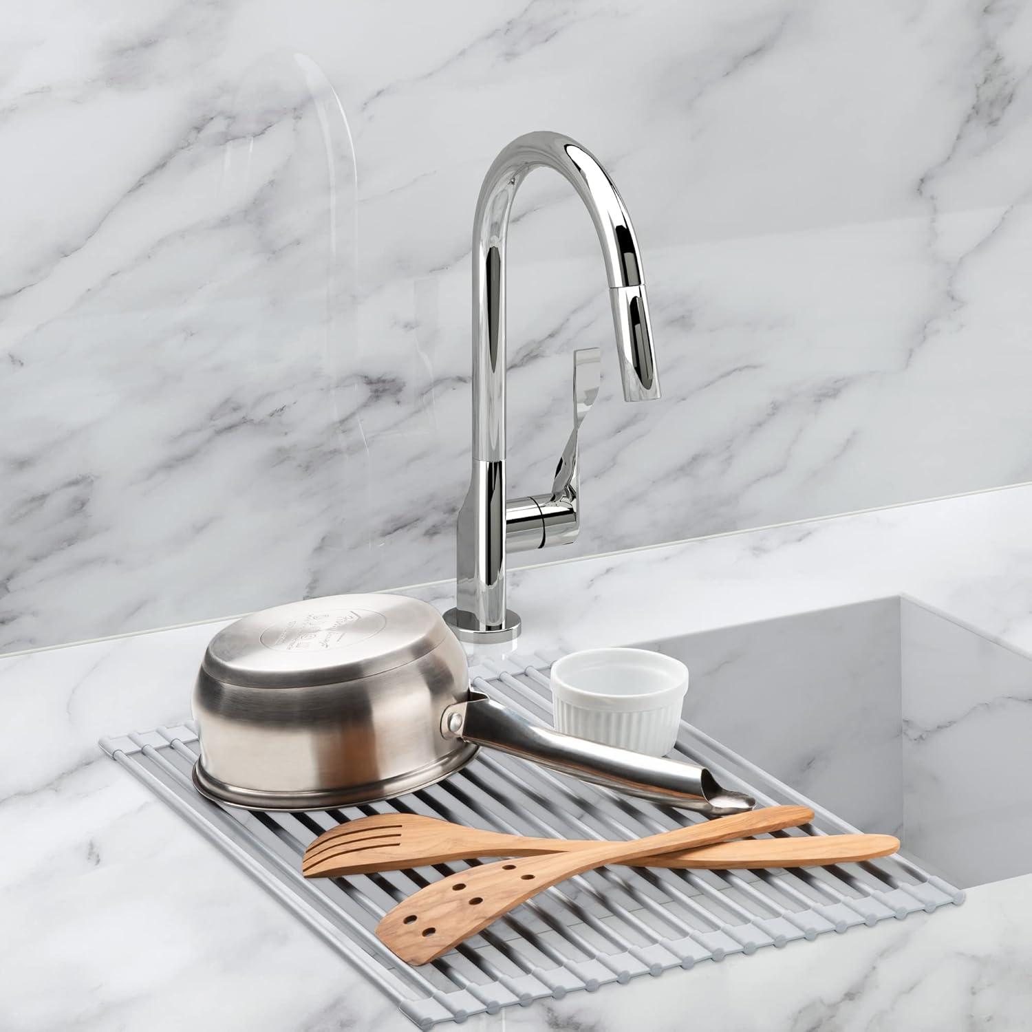 White and Stainless Steel Roll-Up Over-Sink Dish Drying Rack