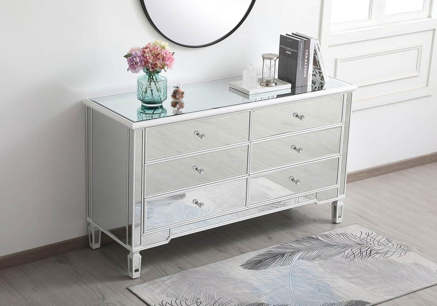 60 inch mirrored 6 drawer chest in antique white