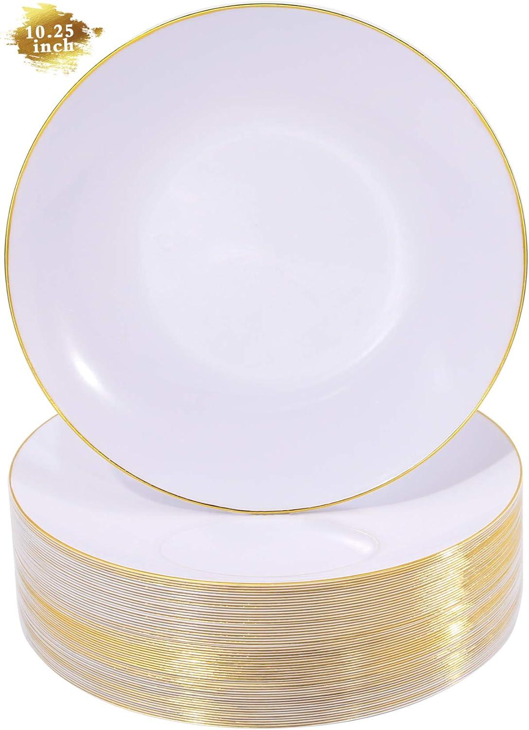 Elegant White and Gold 10.25" Plastic Dinner Plates Set