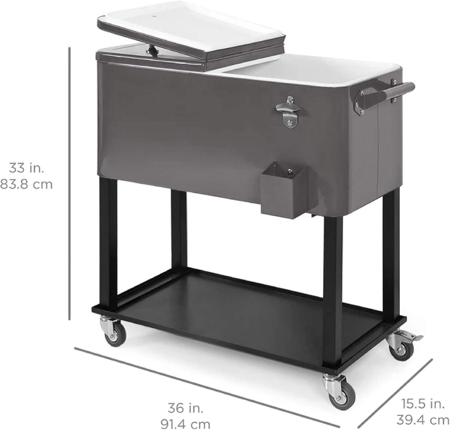 Gray 80-Quart Steel Rolling Cooler Cart with Wheels and Bottle Opener