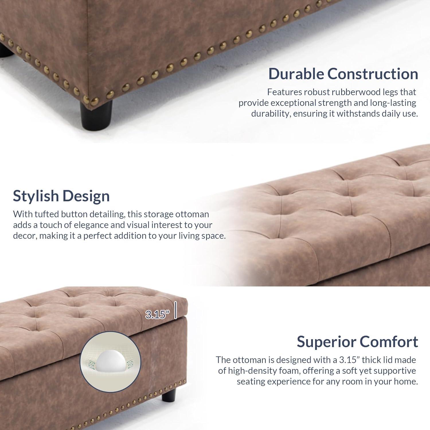 BELLEZE Button-Tufted Faux Leather Storage Ottoman Bench - Brentwood (Rustic Brown)