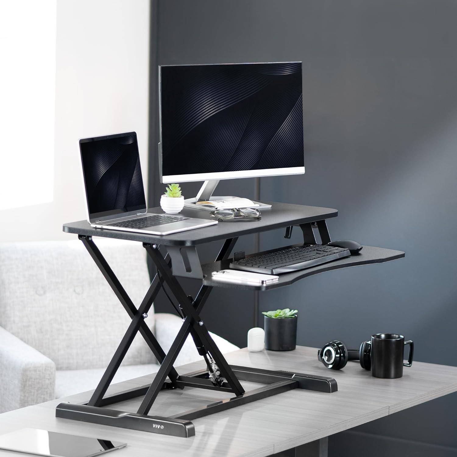 VIVO Black Height Adjustable Standing Desk Monitor Riser 32" Sit Stand Tabletop