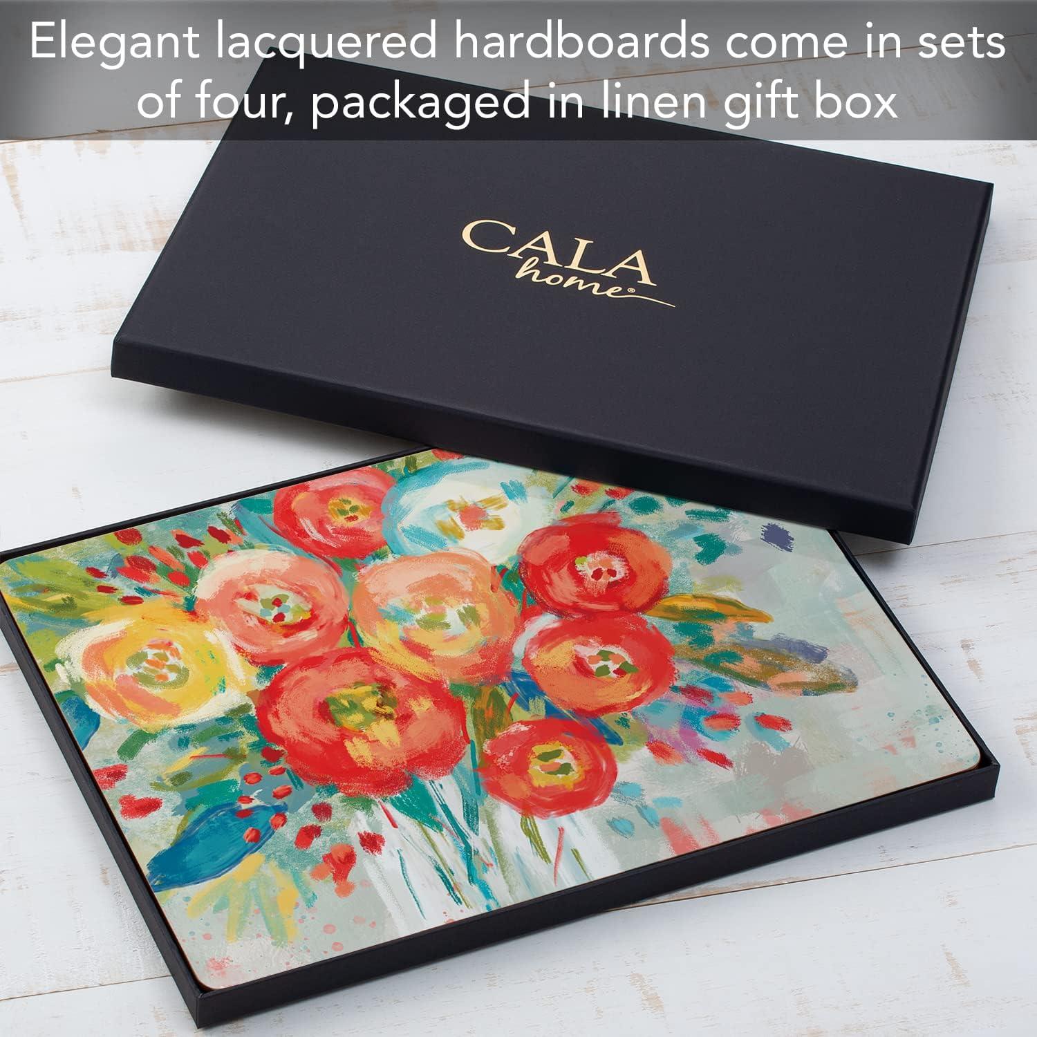 Cala Home "Coral Floral" Premium Decorative Hardboard Cork Back Tabletop Placemats 4 Pack