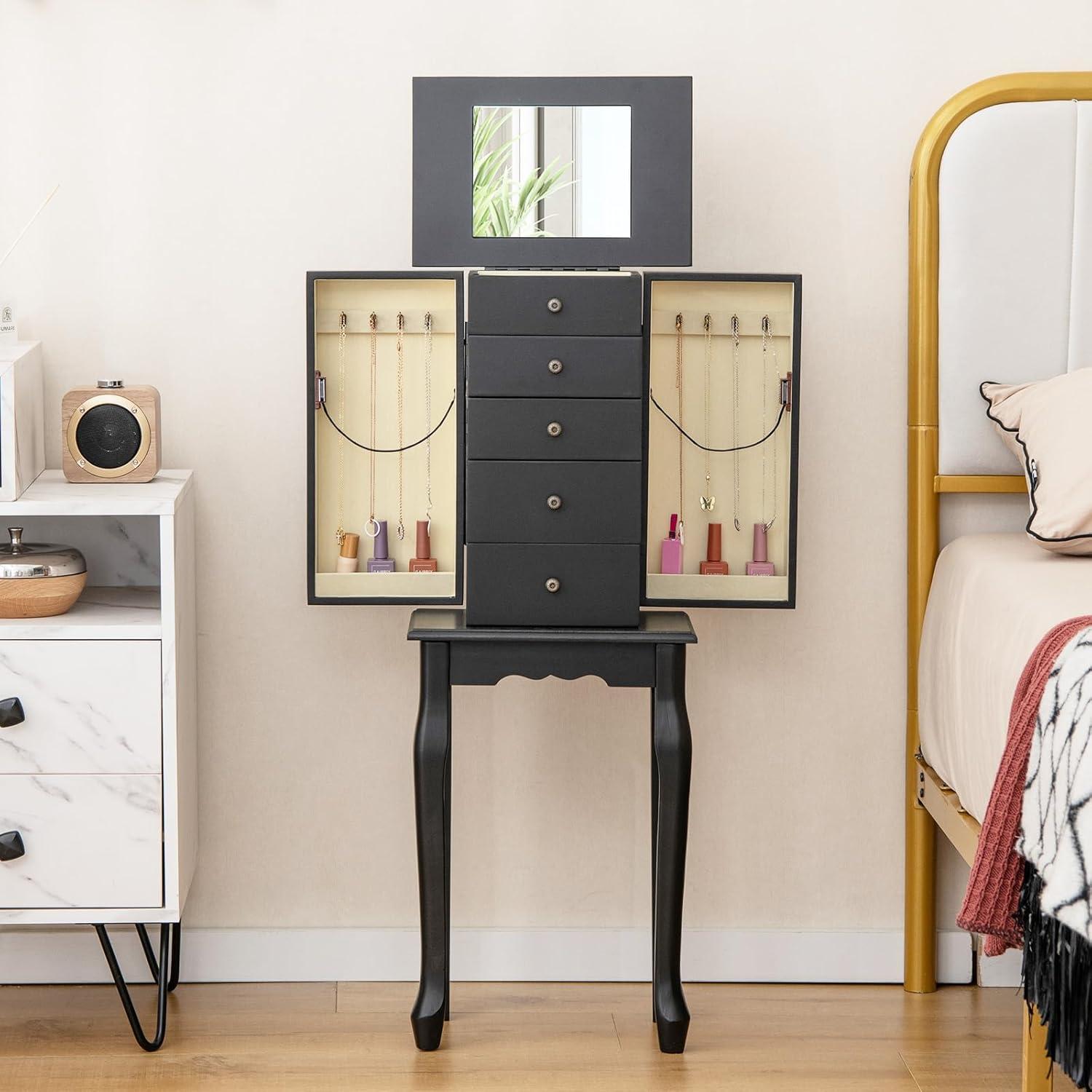 Giantex Jewelry Cabinet Armoire with Top Mirror, 5 Drawers, 2 Swing Doors, Wooden Jewelry Treasure Storage Chest with Large Storage, Standing Jewelry Organizer (Black)