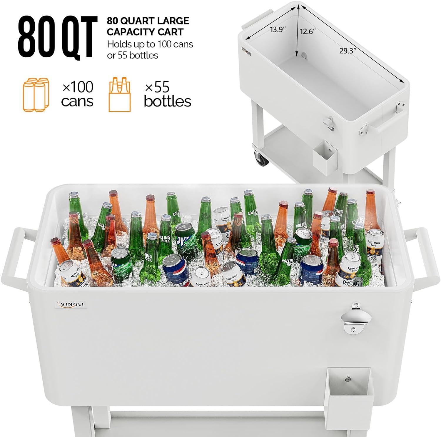 White Iron Rolling Cooler Cart with Shelf and Bottle Opener