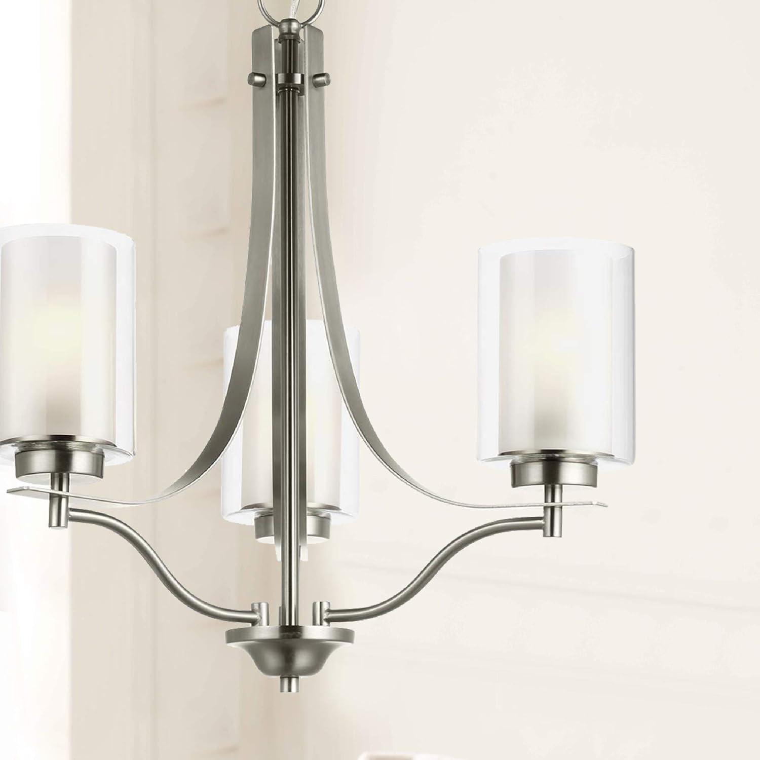 Elmwood 3-Light Brushed Nickel Modern Transitional Hanging Candlestick Chandelier with Satin Etched Glass Shades