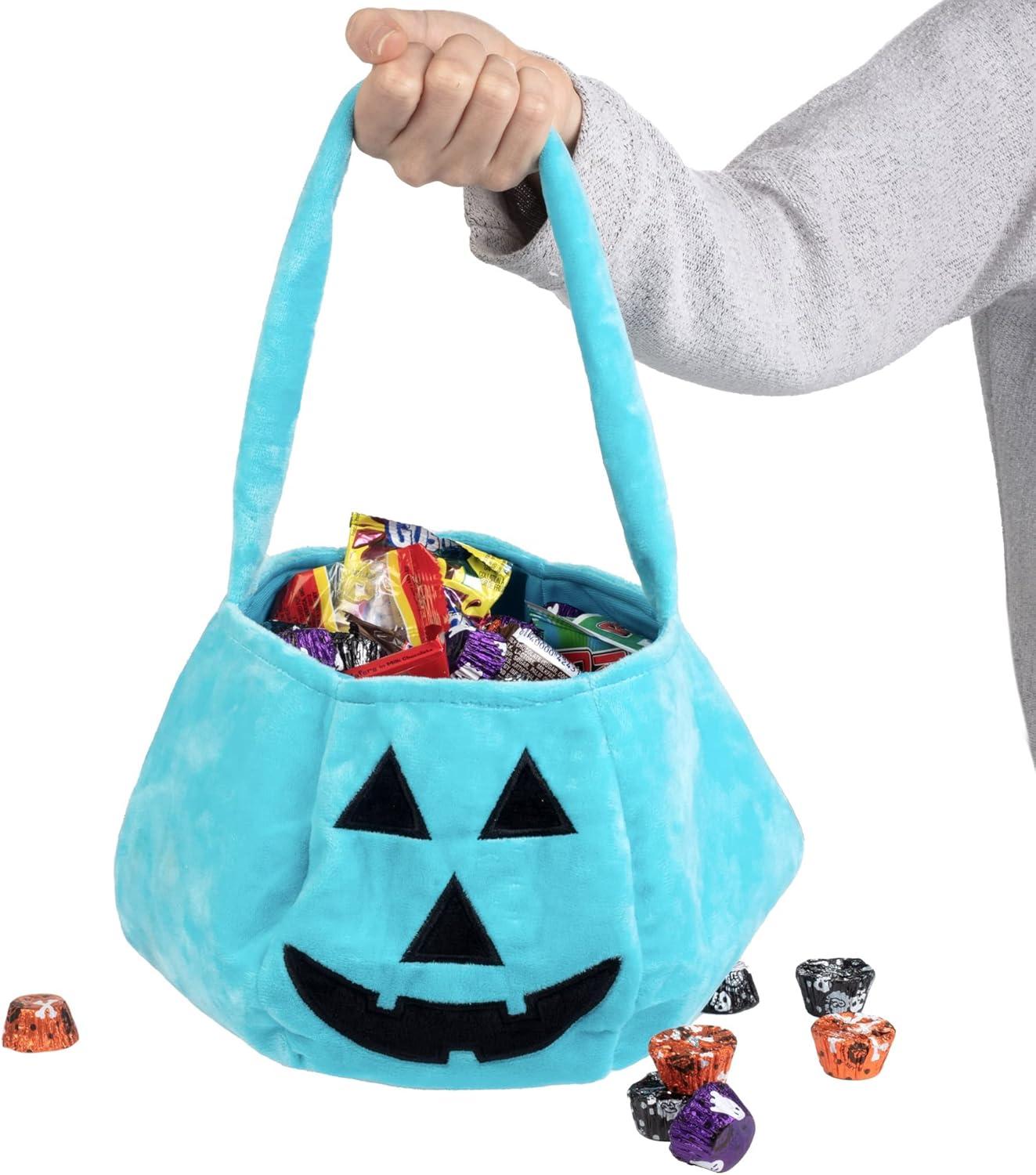 Halloween Trick or Treat Bucket - Teal Pumpkin Allergy Friendly Soft Treat Bag Tote - Reusable 8 x 8 Kids Light Blue Jack O Lantern Felt Fabric Pail for Treats, Costume, and Decorations
