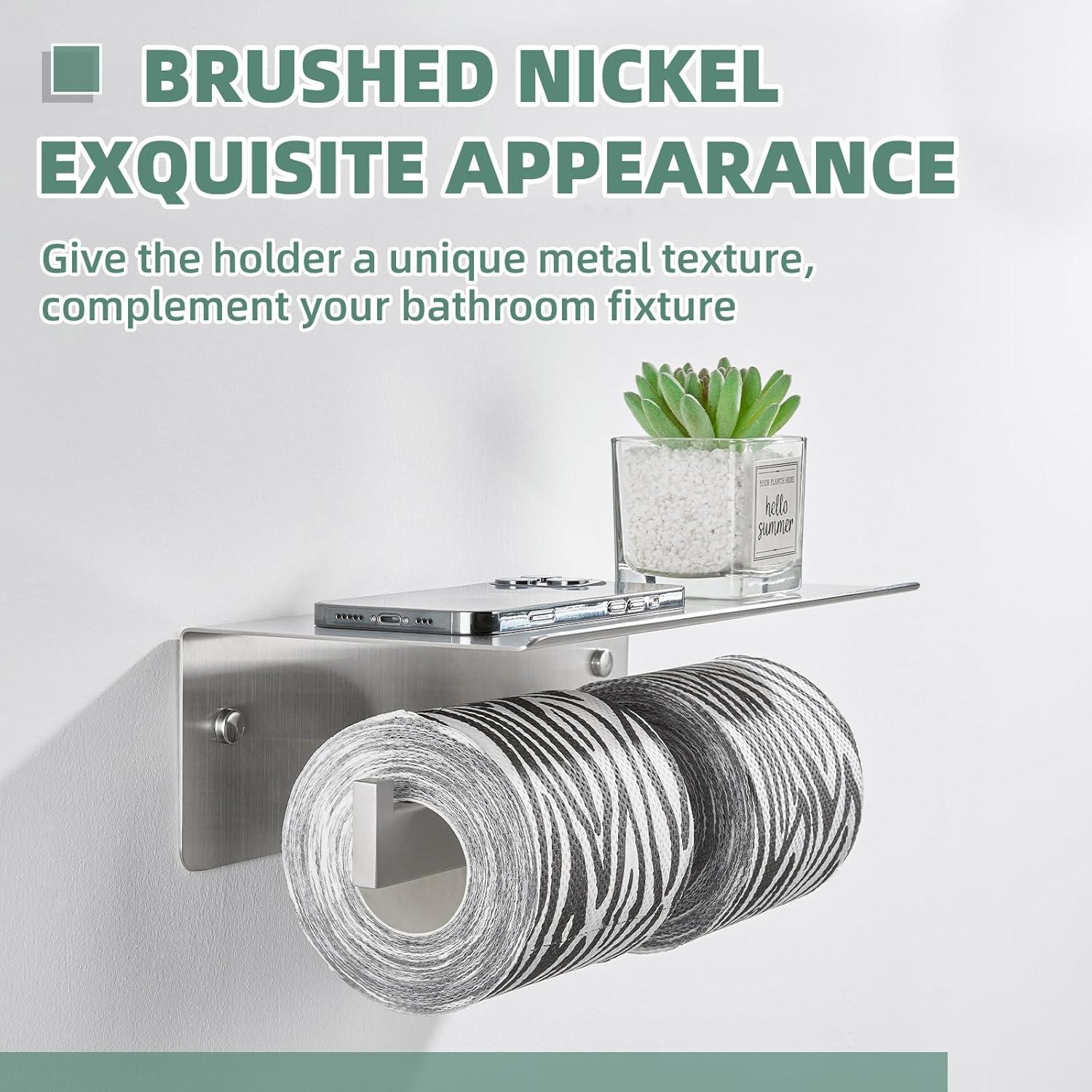 Double Toilet Paper Holder with Shelf Brushed Nickel, Modern Bathroom Accessories SUS 304 Stainless Steel Commercial Tissue Roll Dispenser Mobile Phone Storage Rack Handy Use