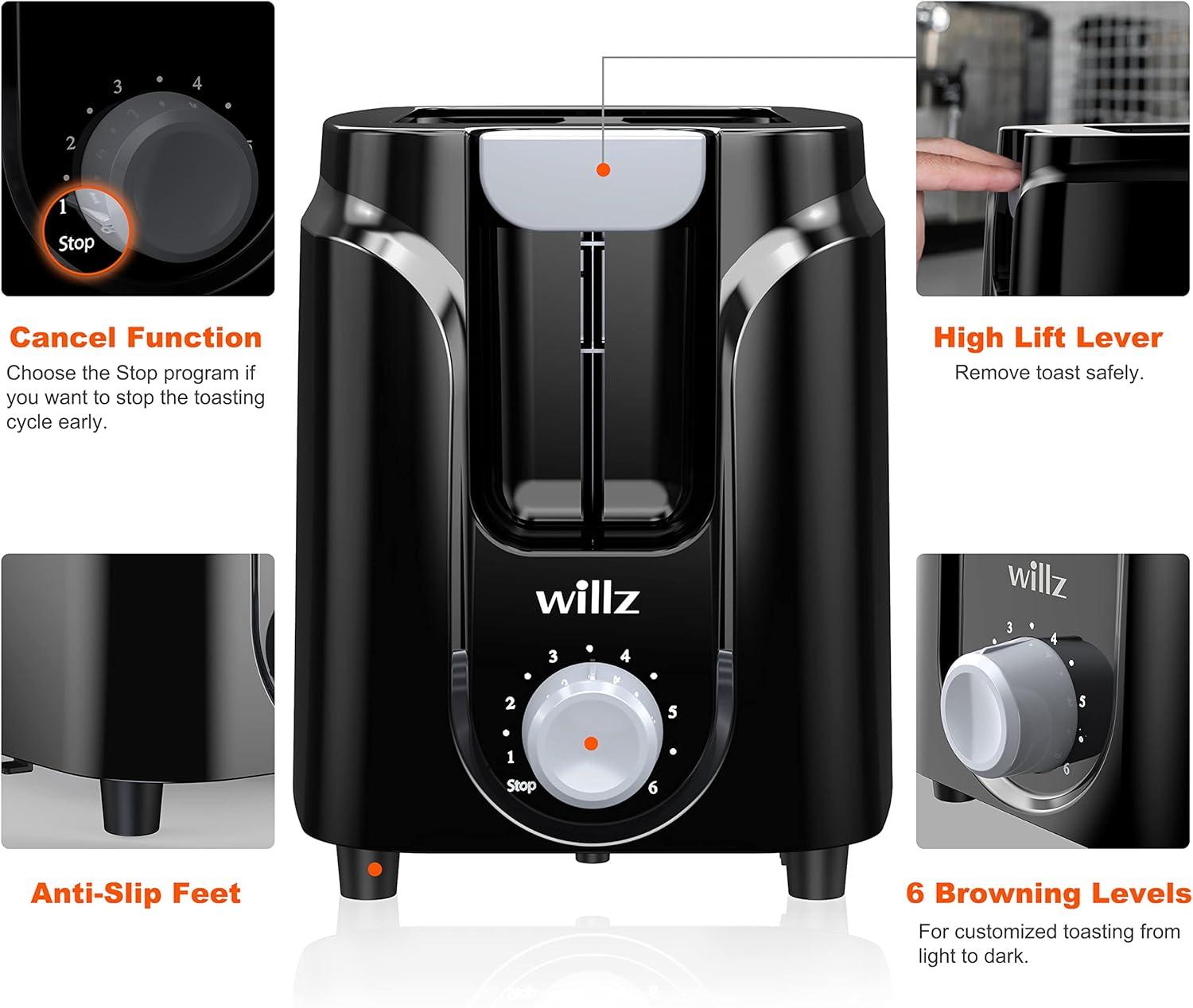 Willz 2-Slice Toaster, Extra Wide Slot with 6 Browning Levels, Small Toaster for Bread, Removable Crumb Tray, Auto Shut-off & Easy Clean, Black