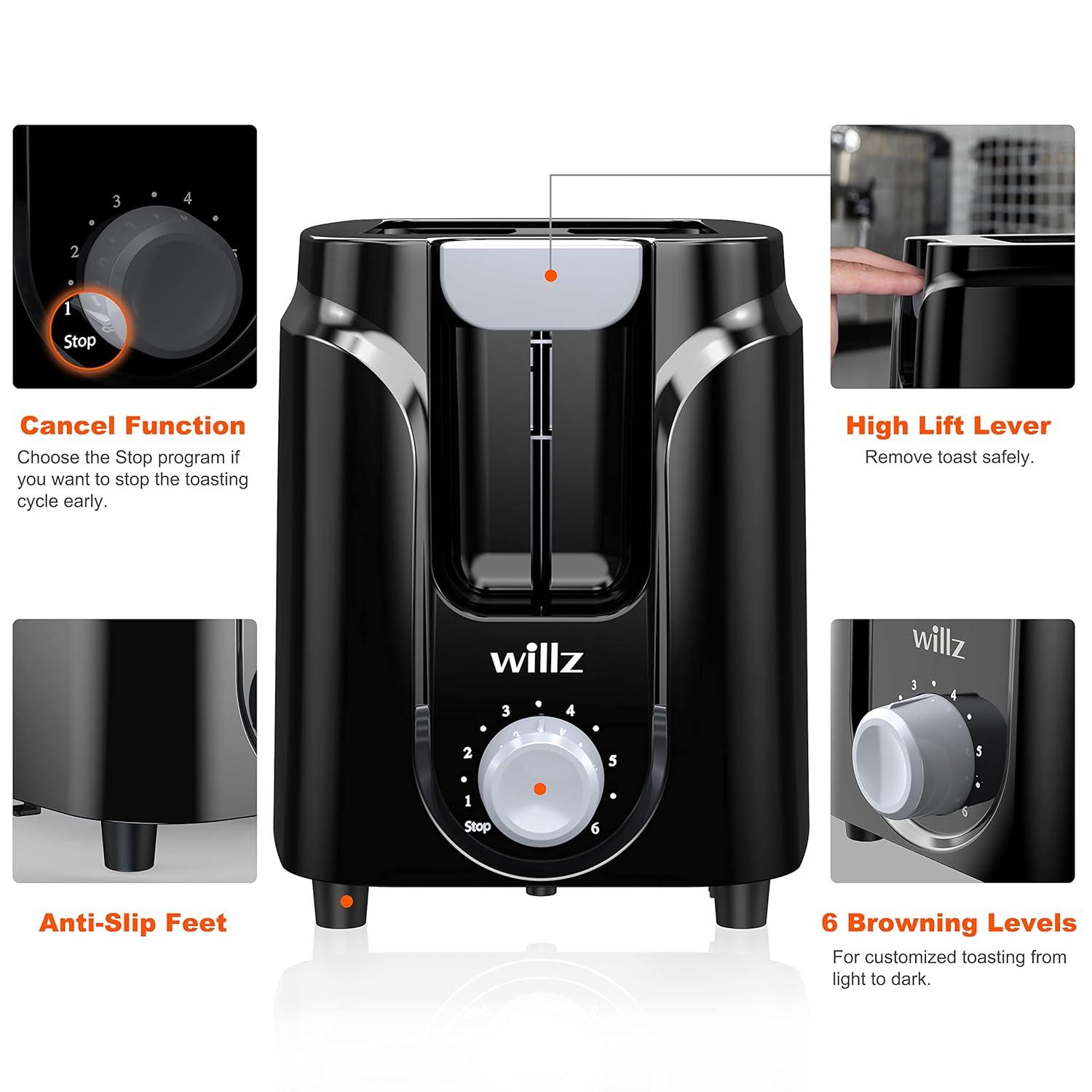 Willz 2-Slice Toaster, Extra Wide Slot with 6 Browning Levels, Small Toaster for Bread, Removable Crumb Tray, Auto Shut-off & Easy Clean, Black