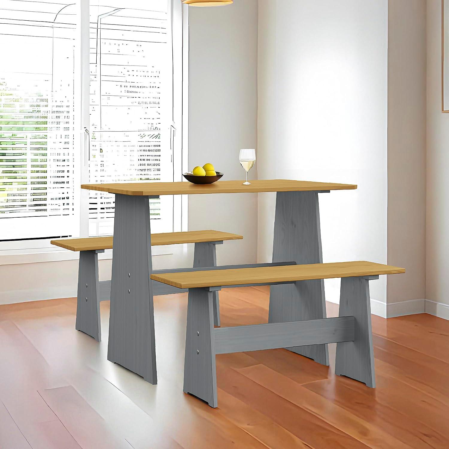 Urban Home Furniture Chapman 3 Piece Casual Dining 2-Tone Natural/Grey Solid Pine Wood Kitchen Table Set with 2 Benches, Kitchen Dining Set