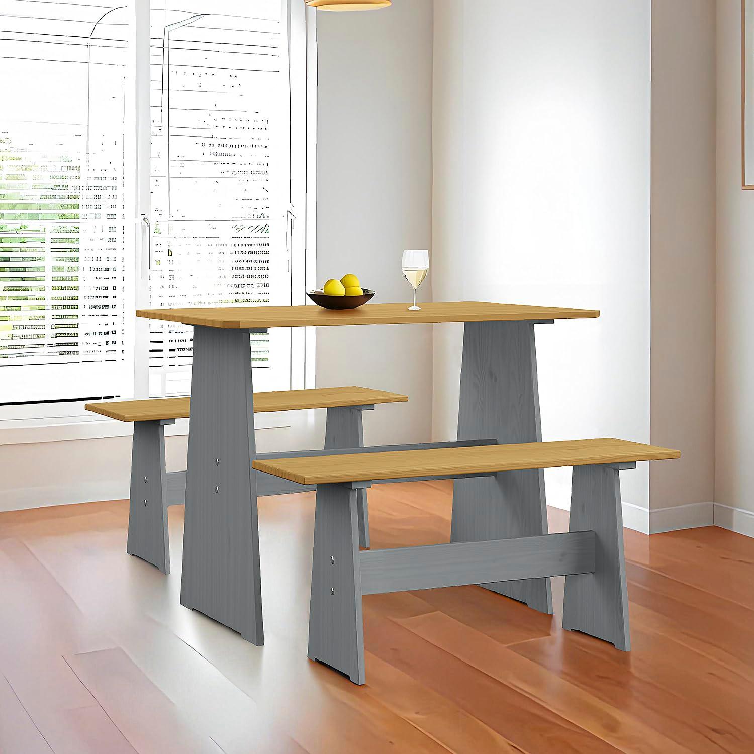 Urban Home Furniture Chapman 3 Piece Casual Dining 2-Tone Natural/Grey Solid Pine Wood Kitchen Table Set with 2 Benches, Kitchen Dining Set