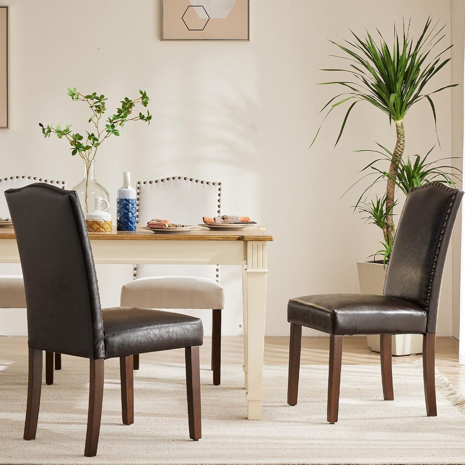 Brown Upholstered Leather Side Chair with Nailhead Trim