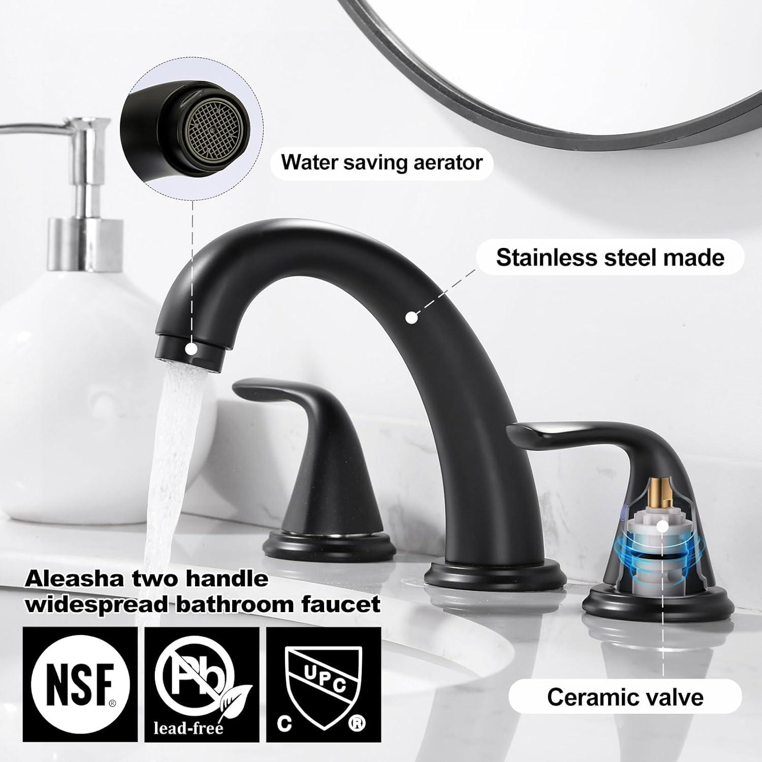 Aleasha Widespread Bathroom Sink Faucet, 3 Hole Faucet With Pop-Up Drain