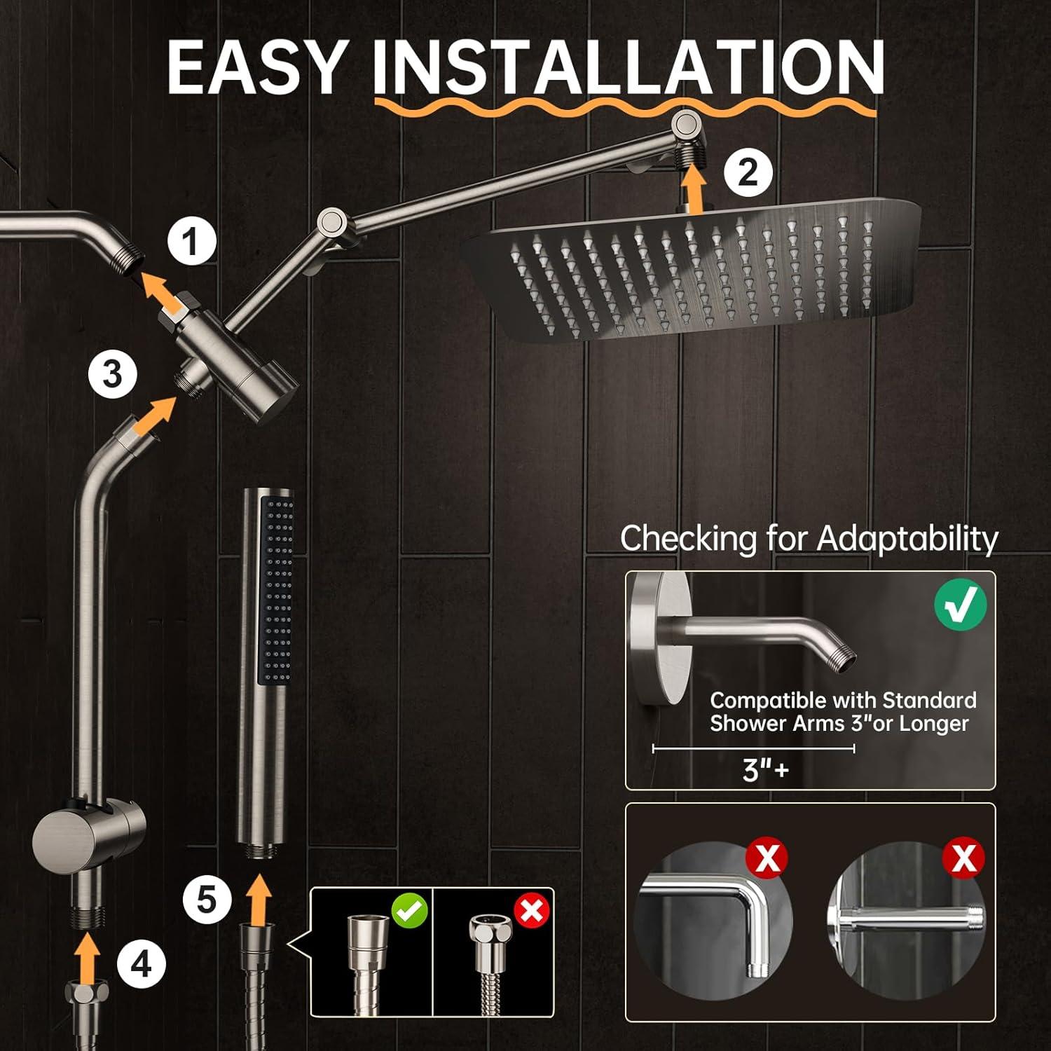 Veken Brushed Nickel Shower Head, 10'' All Metal Rain Shower Heads with Handheld Spray Combo, Hand Held Bathroom Combo with Extension Arm, Dual shower with Power Wash, Adjustable Rainfall Showerhead