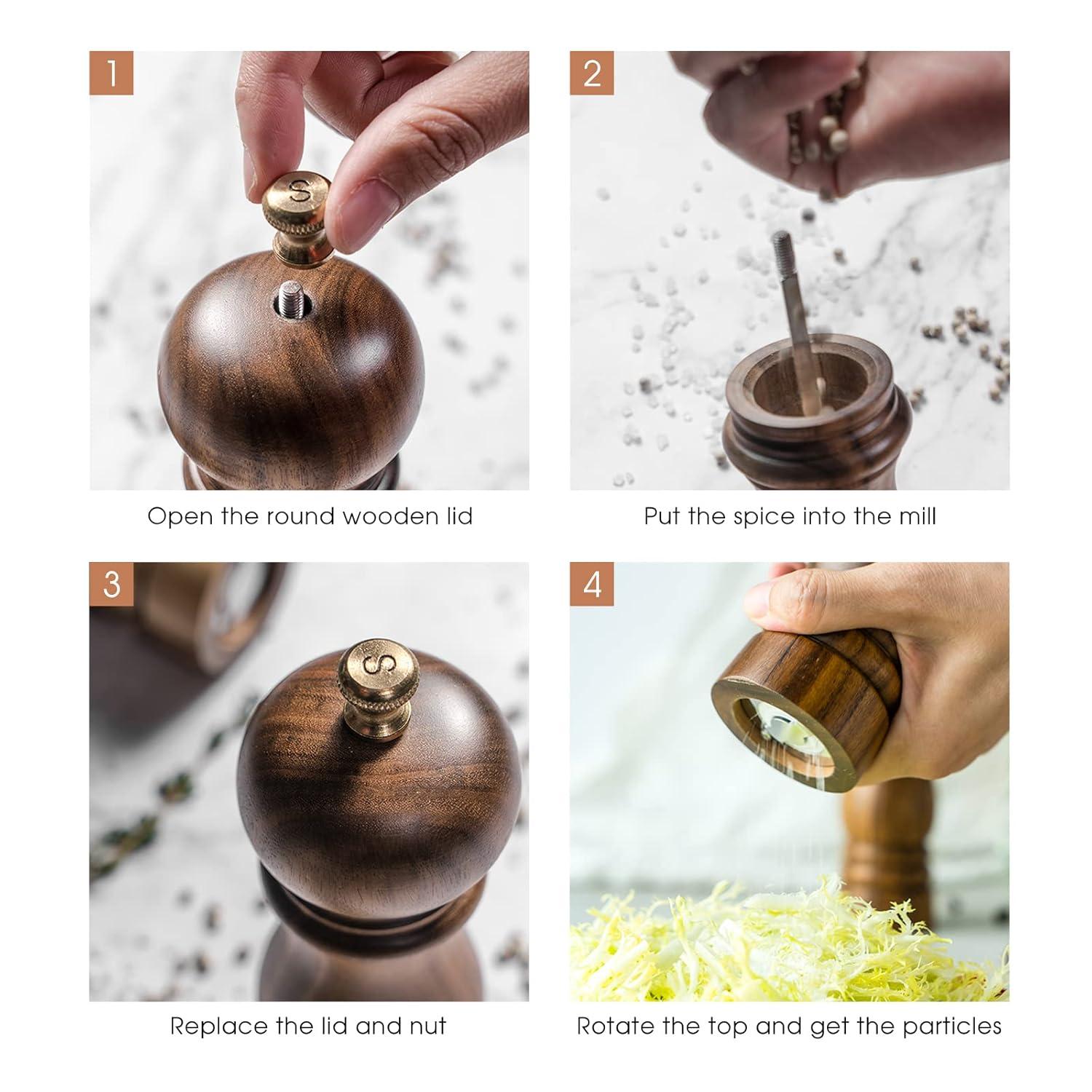 Salt and Pepper Grinder Set, Wood Pepper Mill Set of 2 Manual Salt Pepper Shakers