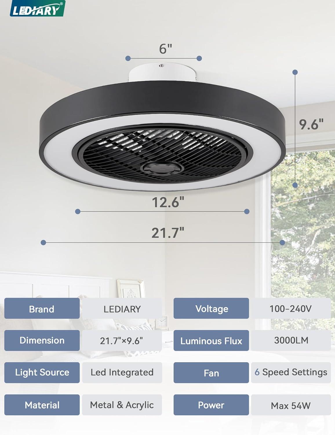 22 in. Indoor Black Modern Enclosed Low Profile Ceiling Fan with Light with Smart APP and Remote Control