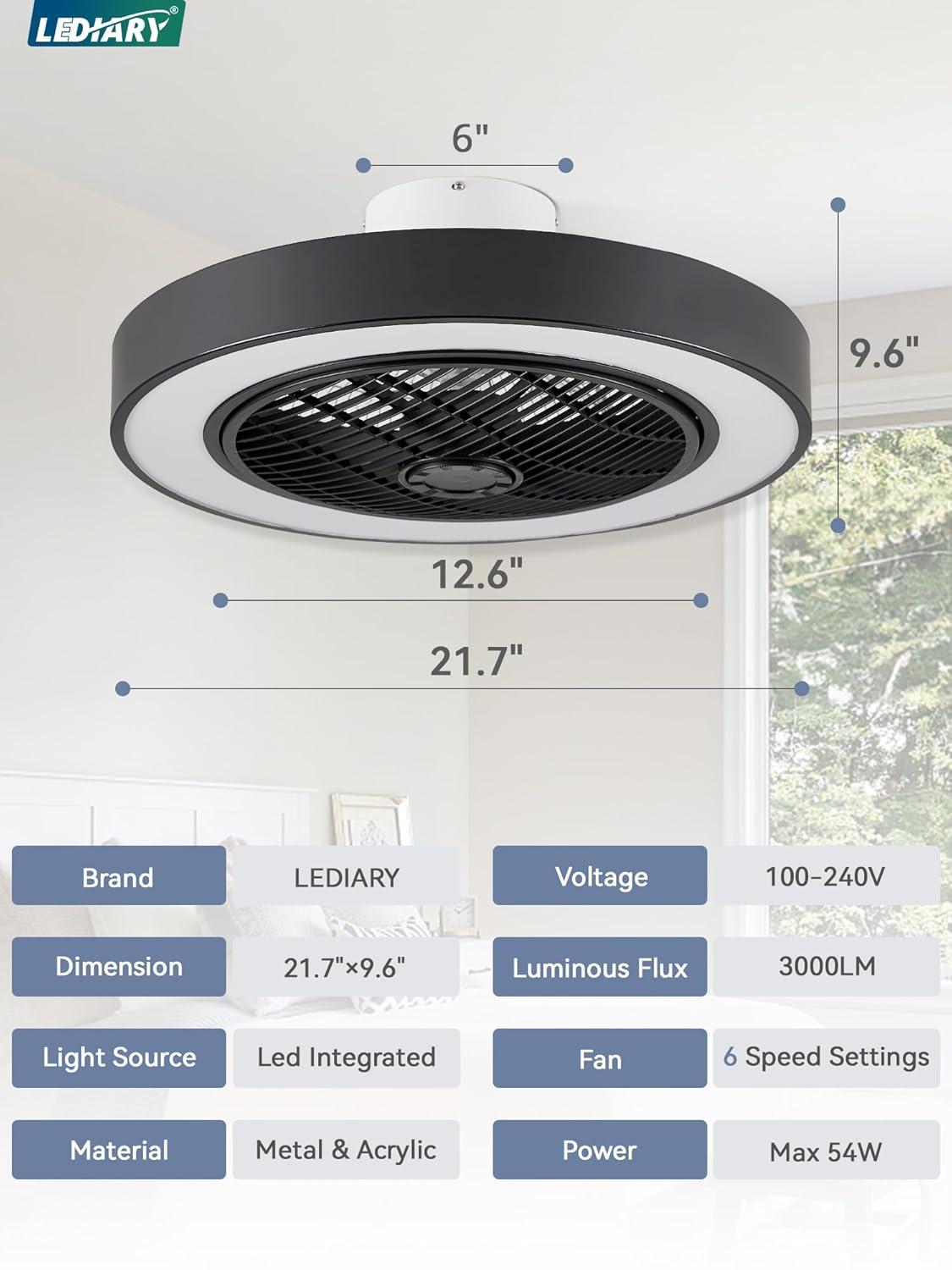 22 in. Indoor Black Modern Enclosed Low Profile Ceiling Fan with Light with Smart APP and Remote Control