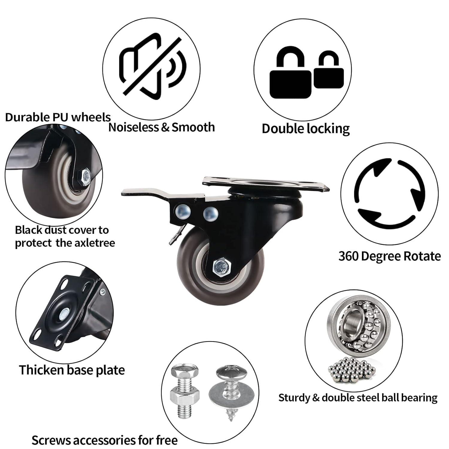 2" Casters Set of 8 Heavy-Duty Industrial Caster Wheels with Brake PU Wheels Double Locking and Double Ball Bearing Swivel Locking Casters Noiseless for Workbench, Furniture, Plate Castors Grey