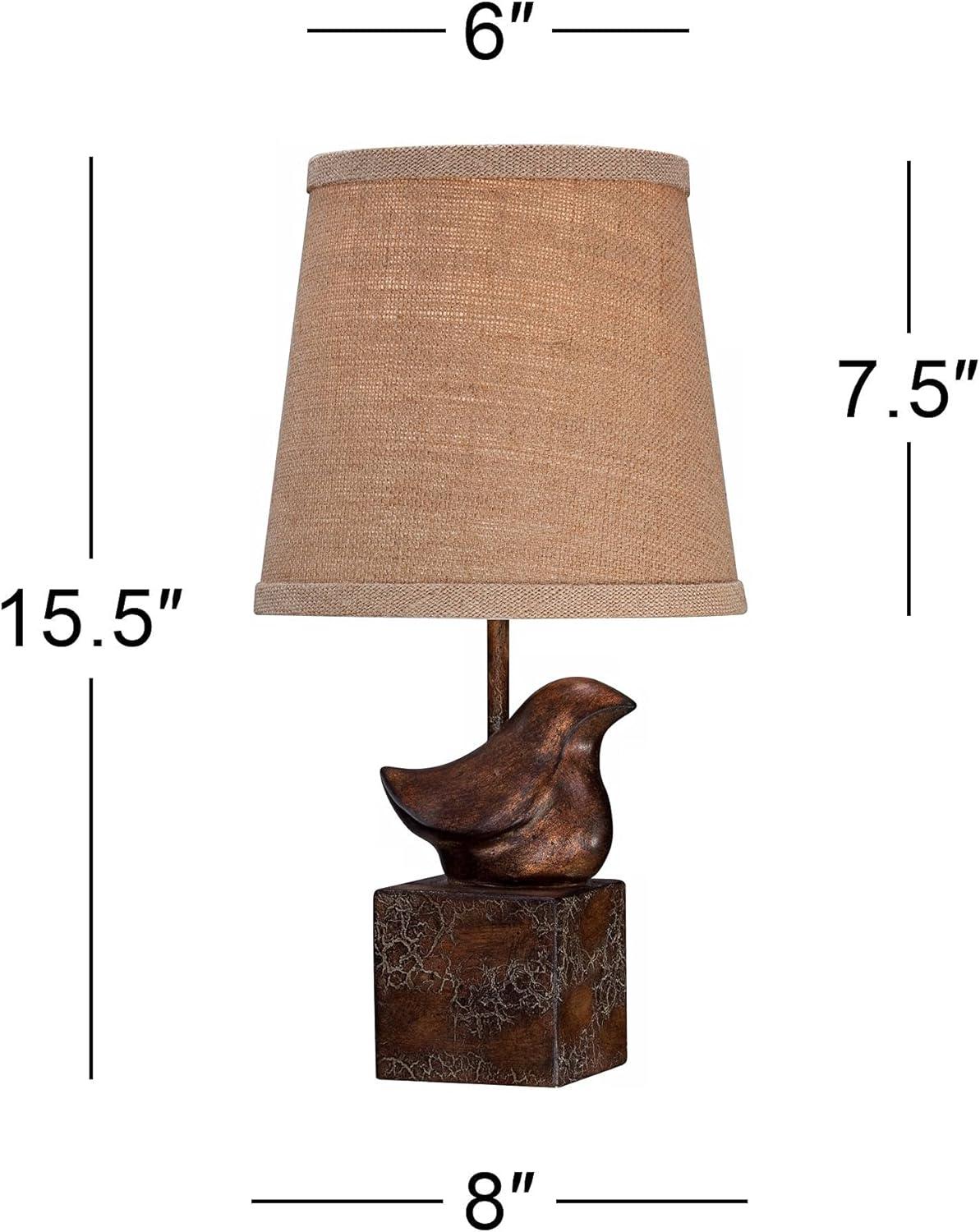 360 Lighting Bird Moderne Rustic Farmhouse Accent Table Lamp 15 1/2" High Sculptural Crackle Bronze Brown Natural Burlap Drum Shade Bedroom Nightstand