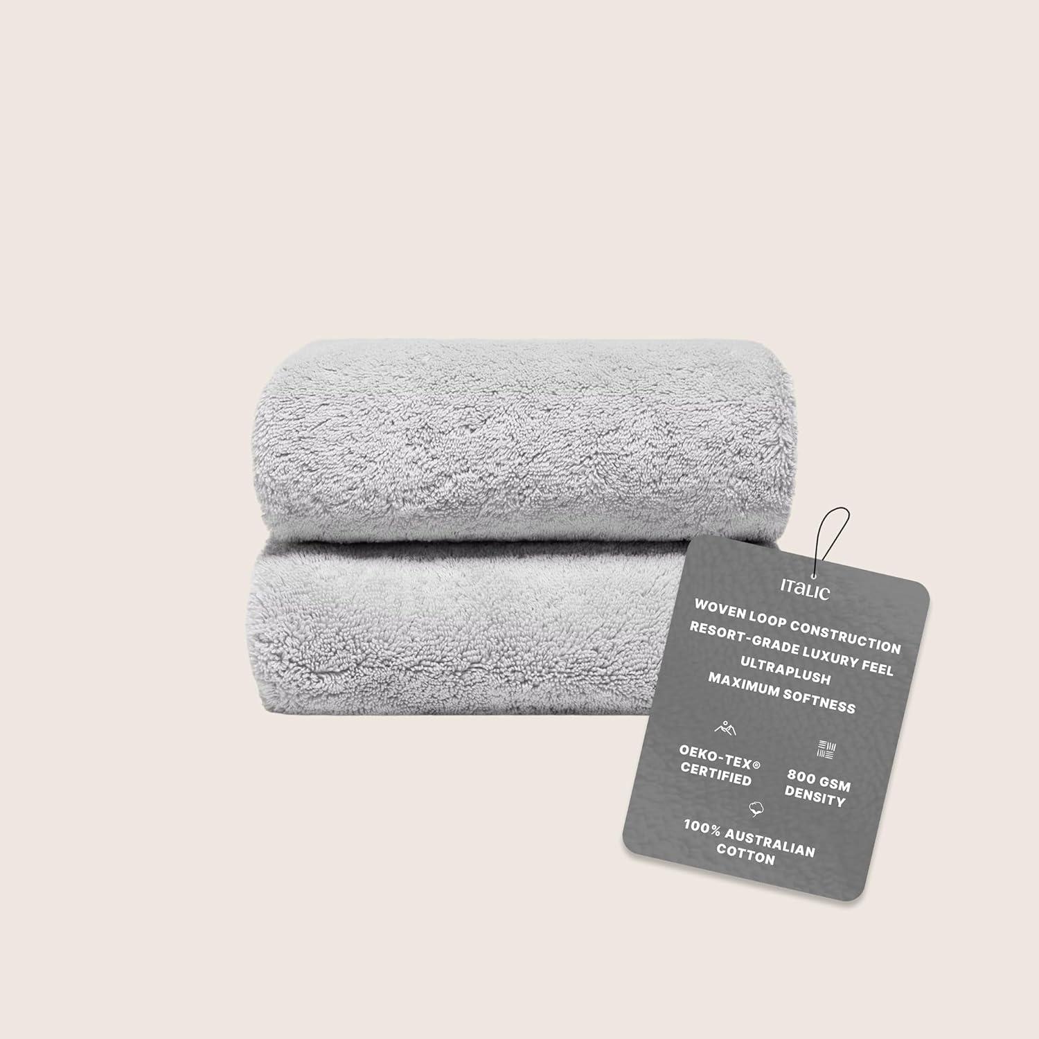 Italic Ultraplush Australian Cotton Bath Sheets - Set of 2 Luxury Extra Large Heavy Duty Bath Sheets, 800GSM Plush and Absorbent, 100% Cotton Bath Sheets for Hotels, Bath & Spa (Light Gray)