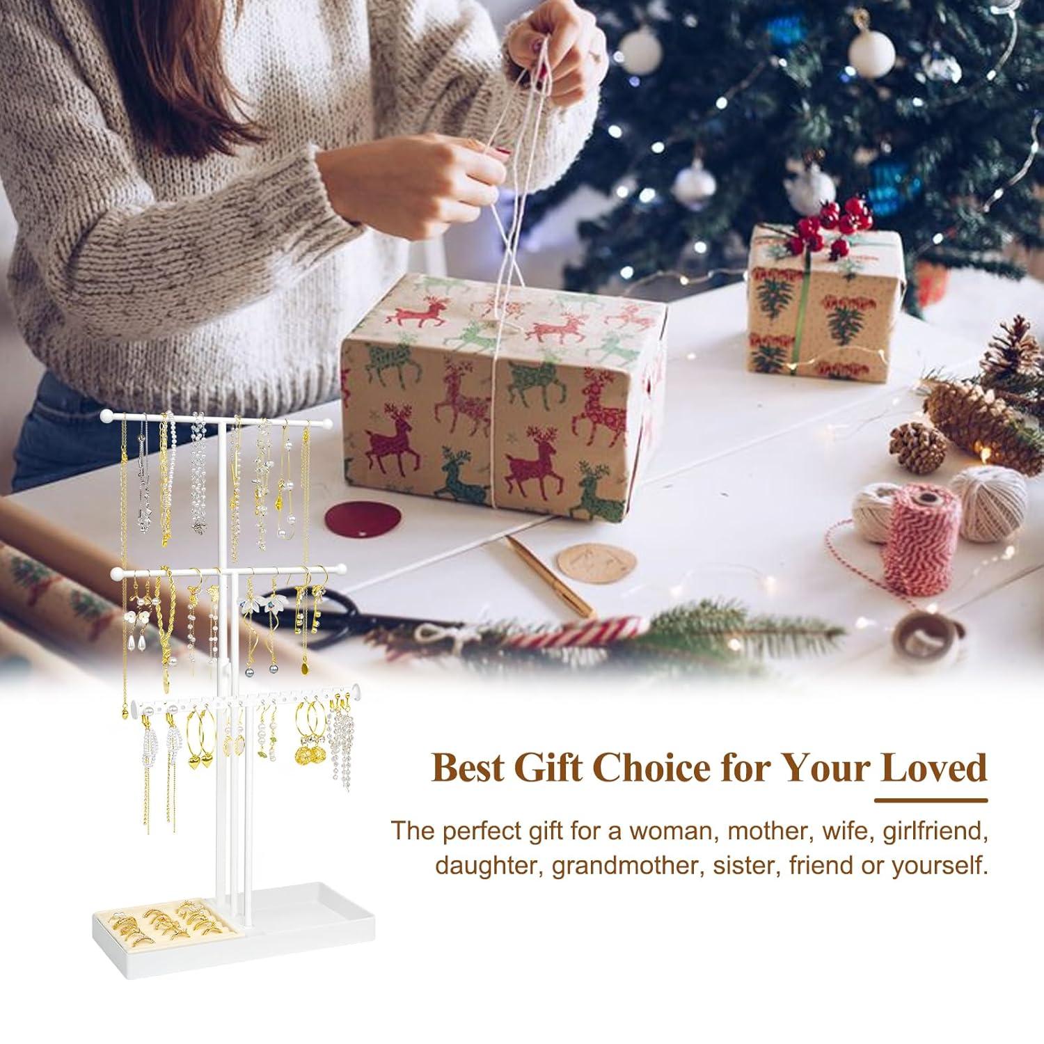 Jenseits Jewelry Organizer Stand Necklace Holder Organizer, 3-Tier Earrings Organizer w/Bracelet Storage Display & Velvet Ring Tray, Cute Metal Aesthetic Jewelry Tower Rack for Women Girls - Gold C47