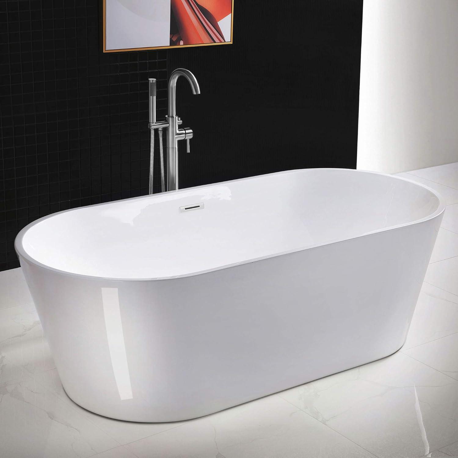 71'' White Acrylic Freestanding Oval Bathtub with Chrome Overflow