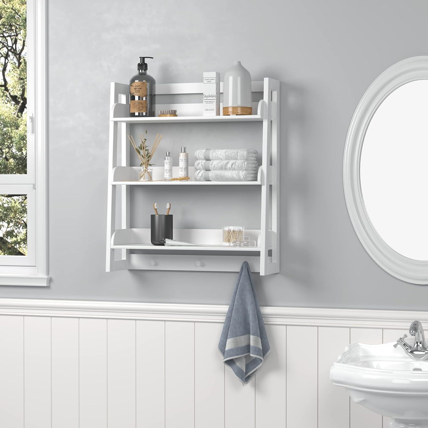 Spirich 3 Tier Bathroom Shelf Wall Mounted with Towel Hooks, Bathroom Organizer Shelf Over The Toilet (White)