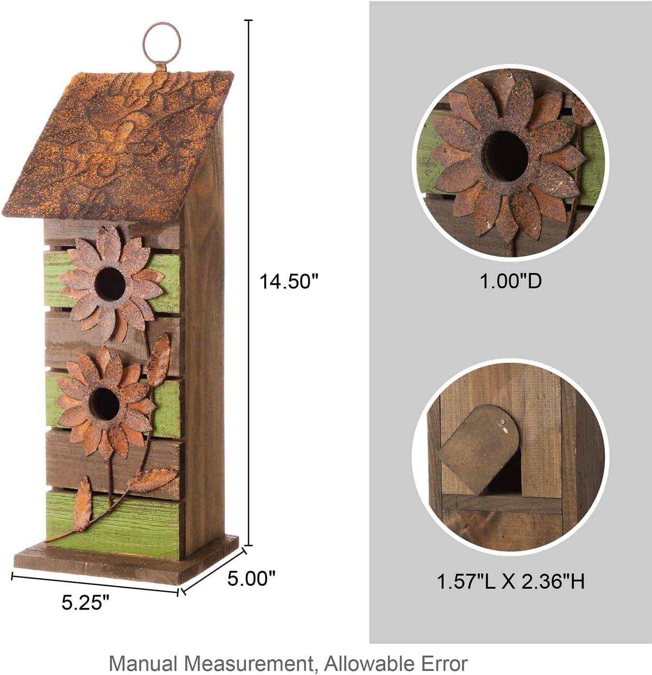 Rustic Two-Tiered Wooden Birdhouse with Metal Flowers