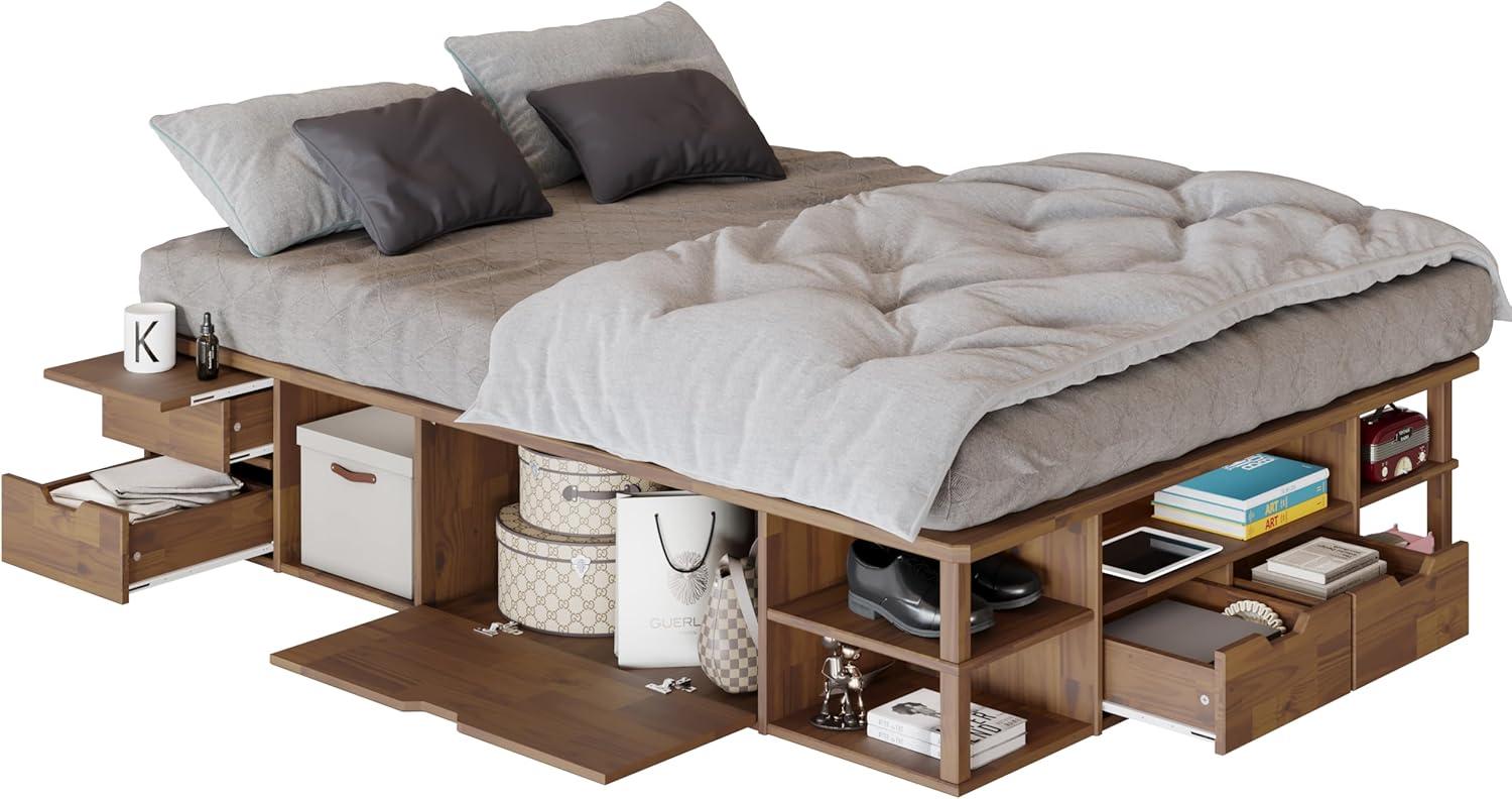 LETTO Capri Queen Size Wood Platform Storage Bed Frame with Drawers and Built-in Shelves, Storage Platform Bed Great for Couples Room Organization, Solid Wood Bed, Smooth Finish (Golden Brown)