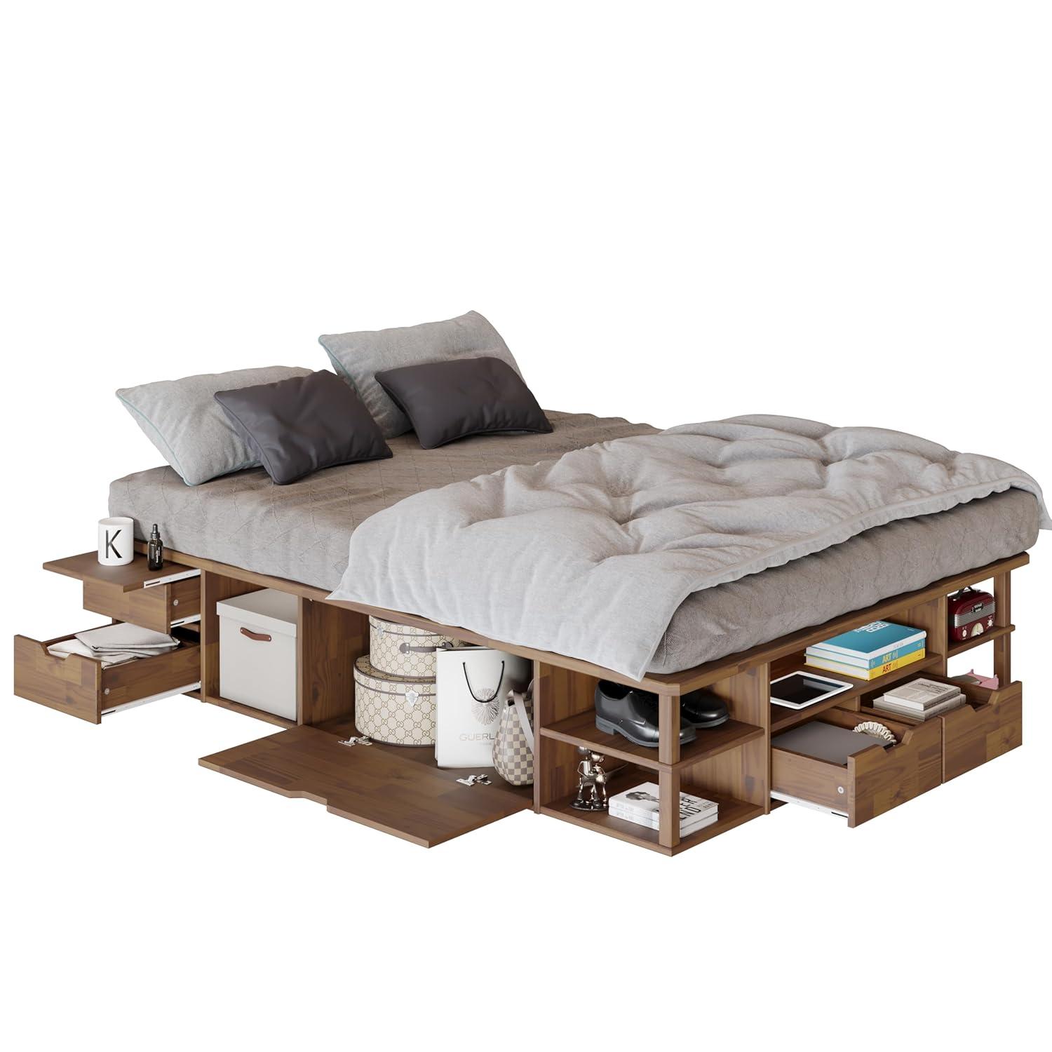 LETTO Capri Queen Size Wood Platform Storage Bed Frame with Drawers and Built-in Shelves, Storage Platform Bed Great for Couples Room Organization, Solid Wood Bed, Smooth Finish (Golden Brown)