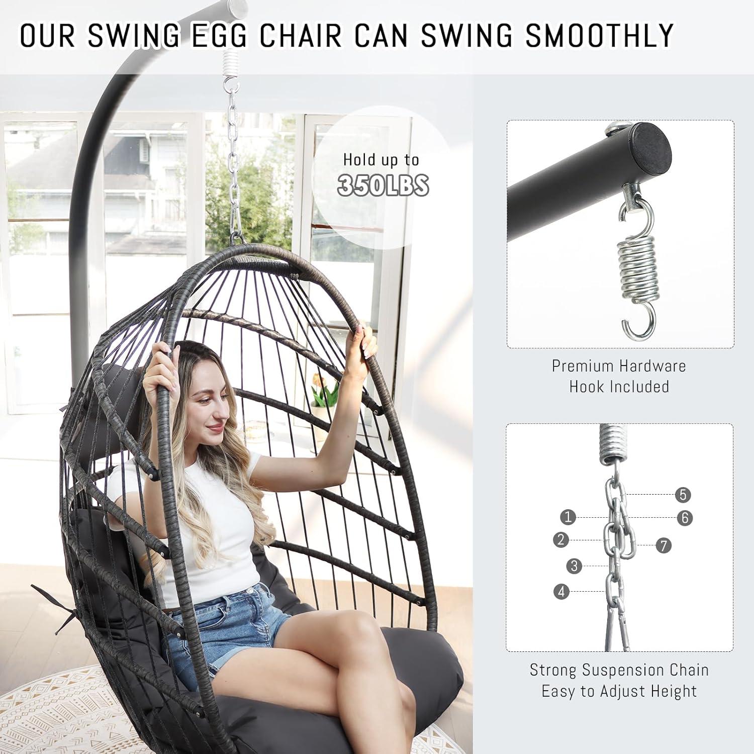 RADIATA Outdoor Foldable Hanging Egg Chair with Stand, PE Wicker Swing Chair with Cushion and Headrest, 350 lbs Capacity, Beige