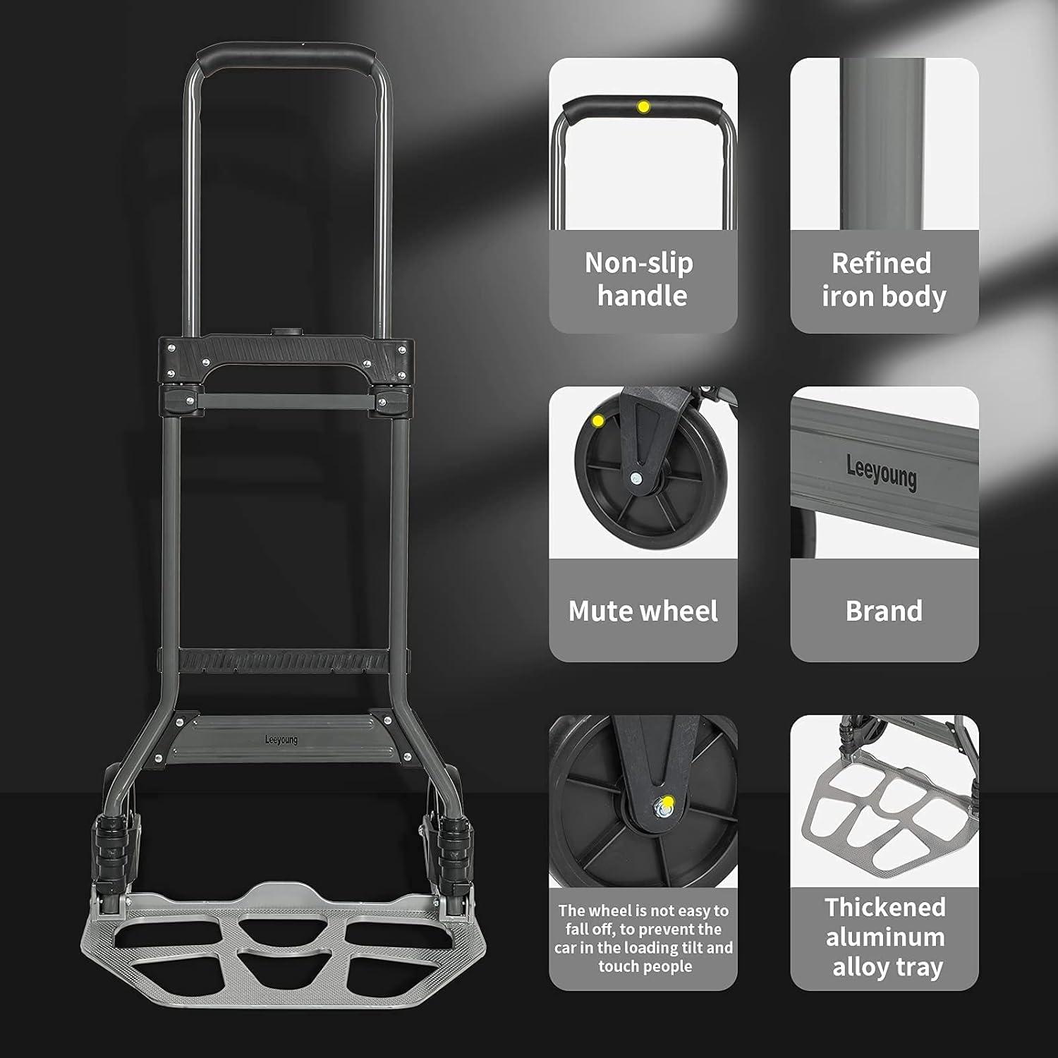 Folding Hand Truck and Dolly, 264 Lb Capacity Heavy-Duty Luggage Trolley Cart with Telescoping Handle and PP+EVA Wheels