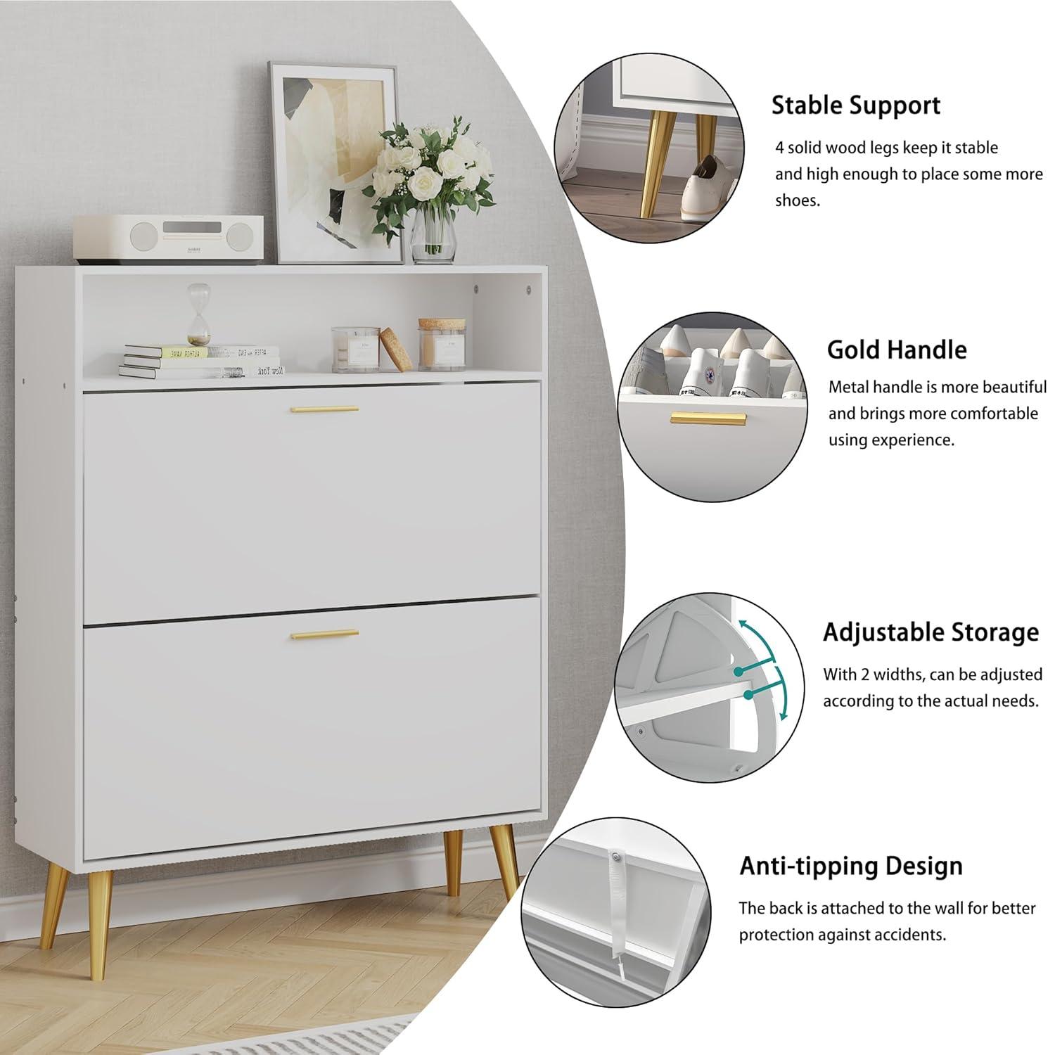 Shoe Cabinet Storage for Entryway  Freestanding Slim Shoe Organizer Cabinet with 2 Flip Drawers  Narrow Shoe Rack with Open Shelves for Hallway  Living Room  White