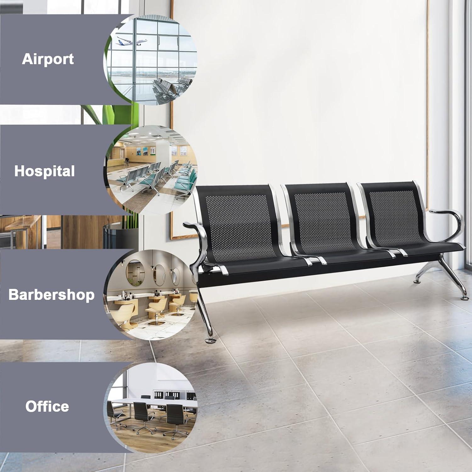 Kinbor Waiting Room Chairs, 3-Seat Reception Chairs Office Guest Waiting Furniture Bench Seating for Airport Bank Hospital, Black