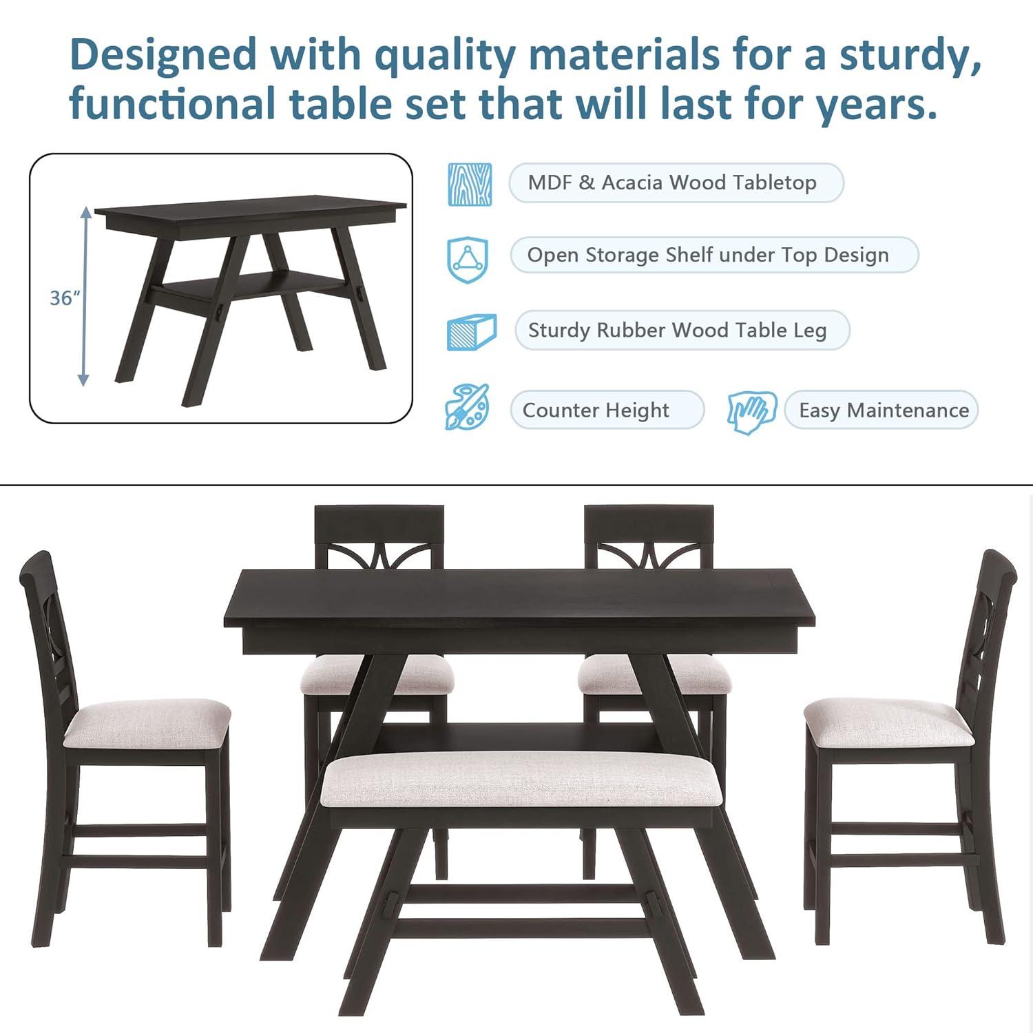 6-Piece Wood Counter Height Dining Table Set with Storage Shelf, 4 Beige Cushion Chairs and Bench, Rustic Style, Espresso