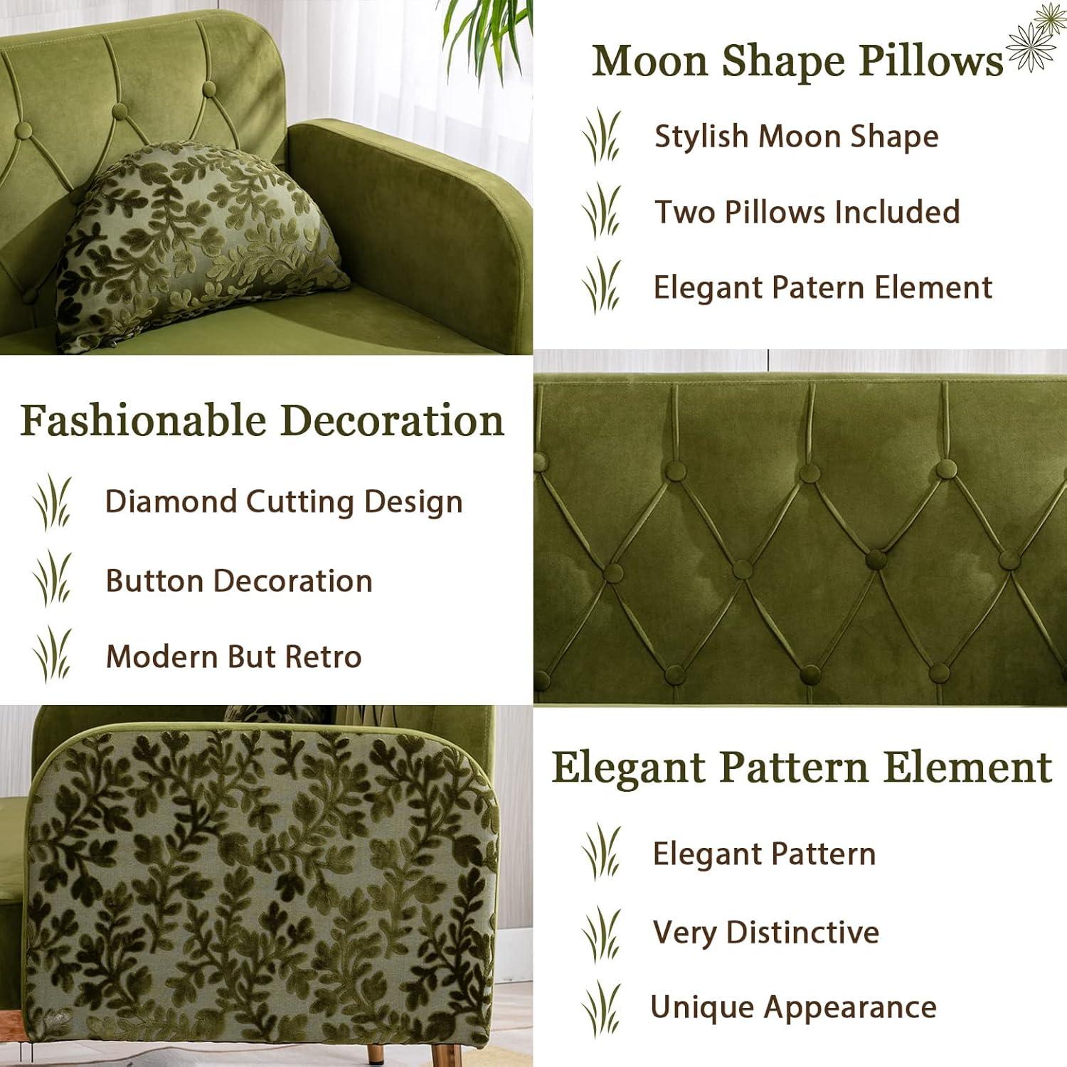 55-inch Small Velvet Couch with Elegant Moon Shape Pillows, Twin Size Loveseat Accent Sofa with Golden Metal Legs, Living Room Sofa with Tufted Backrest, 600 Pounds Weight Capacity-Green