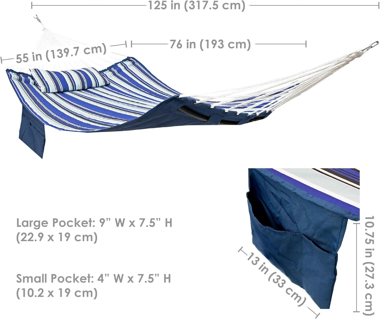 Blue and White Quilted Double Hammock with Metal Spreader Bars