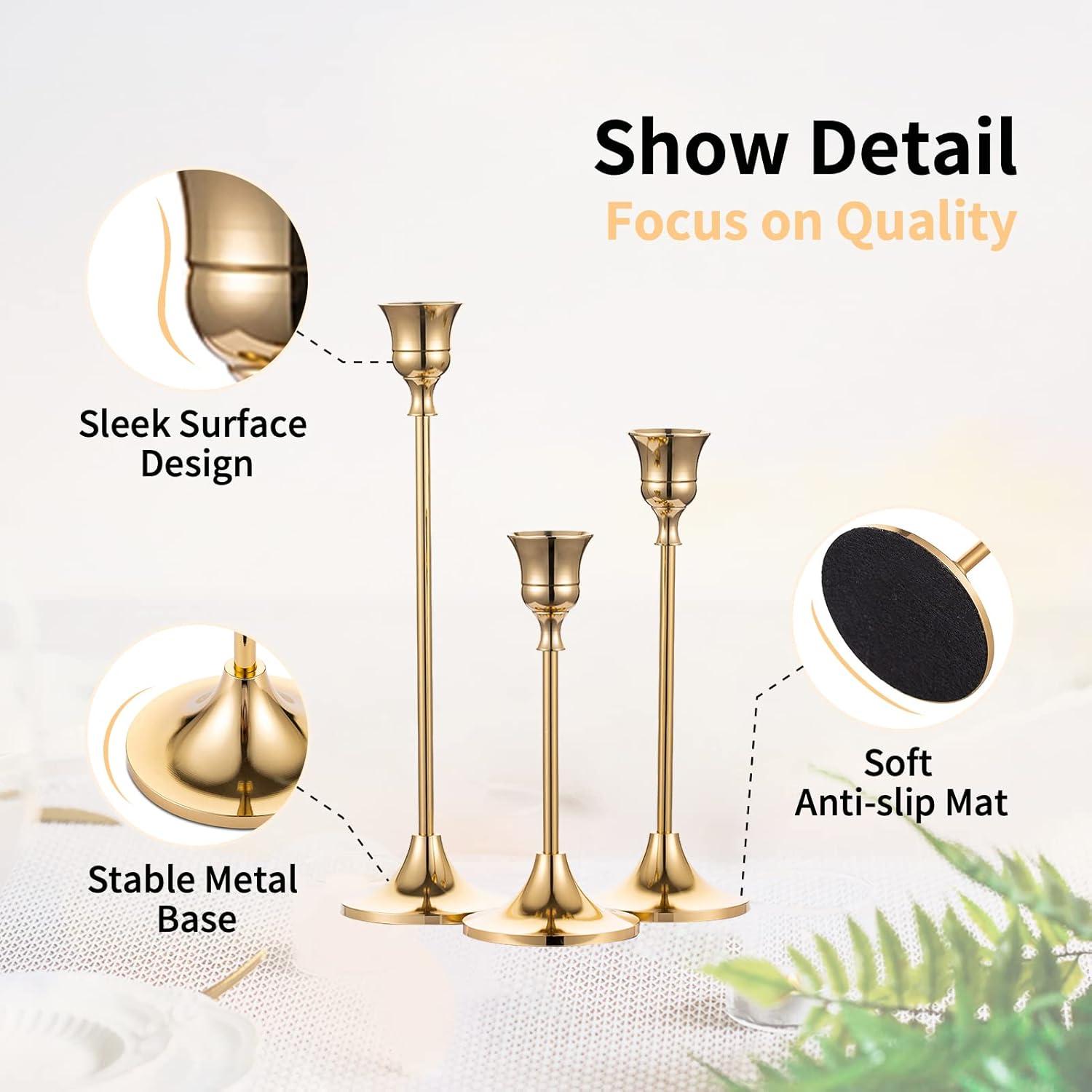 Candlestick Holders Taper Candle Holders, Set of 3 Candle Stick Holders Set, Brass Gold Candlestick Holder Set, Vintage Modern Decorative Centerpiece for Table Mantel Wedding Housewarming Gift
